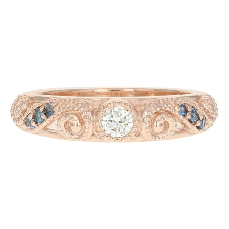 Diamond and Sapphire Ring, 14 Karat Rose Gold Milgrain Round Cut .30 Carat