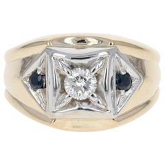 Diamond and Sapphire Ring, 14 Karat Yellow Gold Men's Round Cut .54 Carat