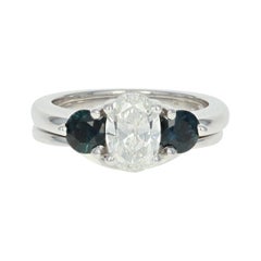 Diamond and Sapphire Ring and Wedding Band, 14 Karat Gold GIA Oval 1.93 Carat