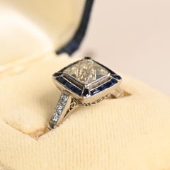 Diamond and Sapphire Ring. GIA 1.60ct French Diamond Sapphire Halo Ring Platinum