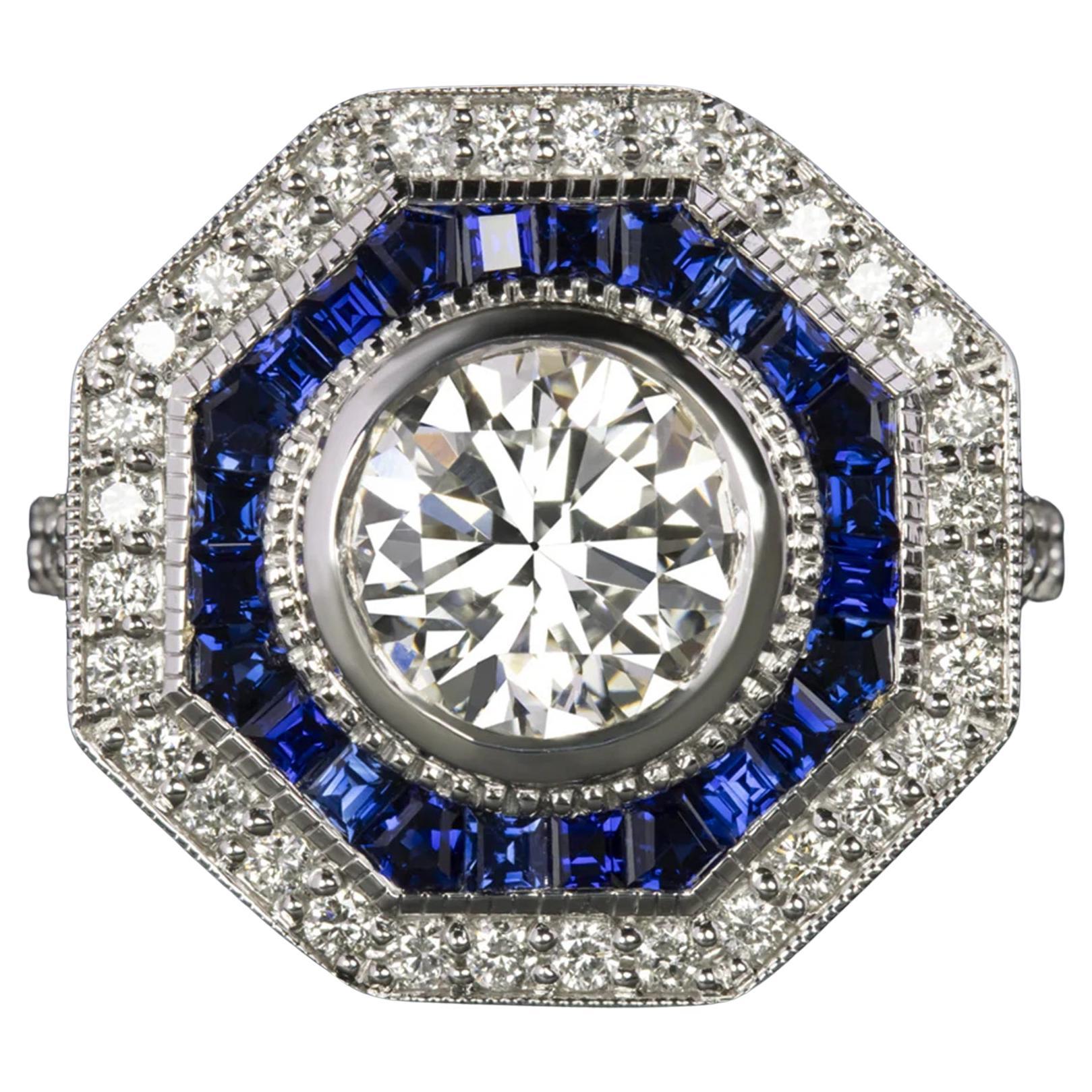 Diamond and sapphire ring has a classic Art Deco style target design ring