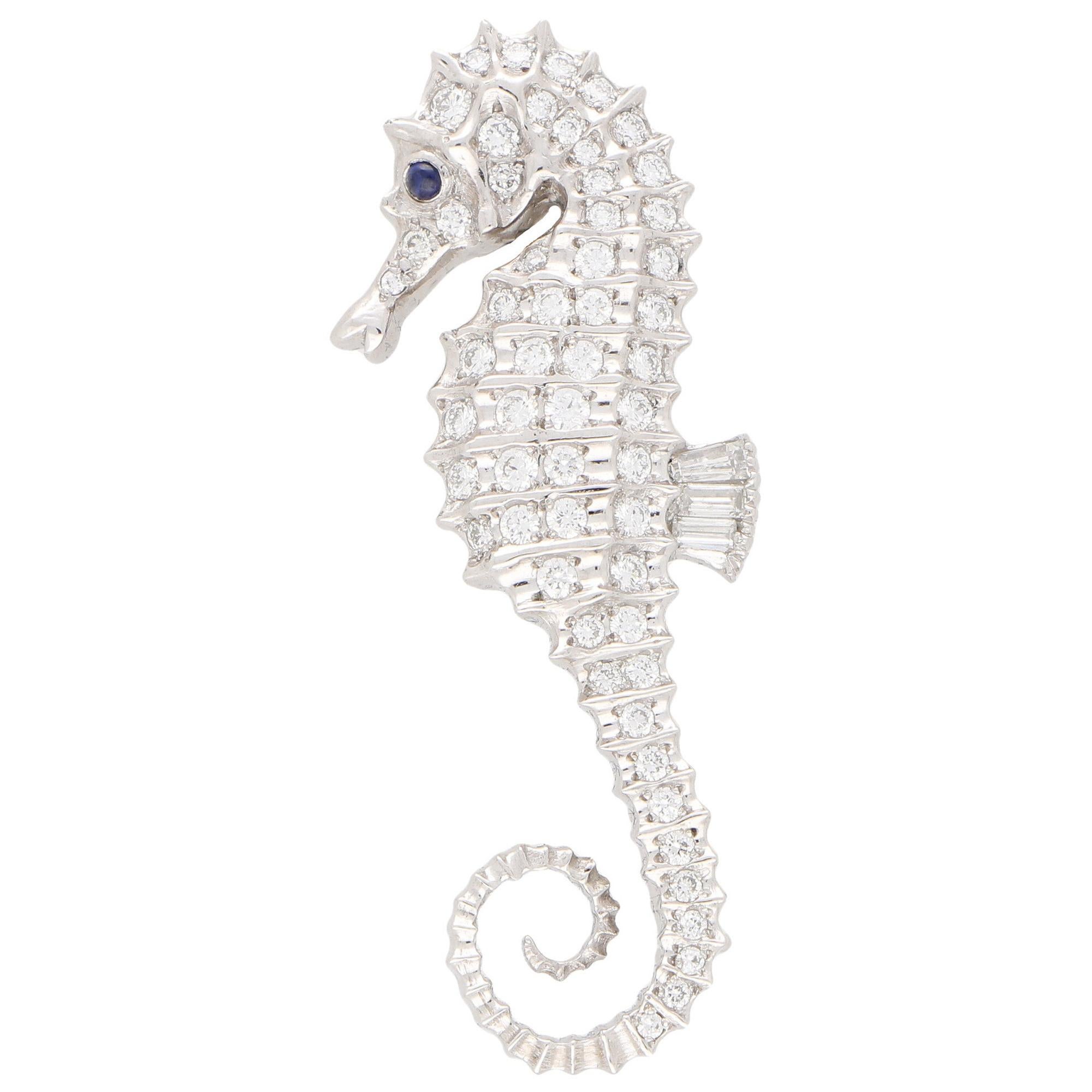 Diamond and Sapphire Seahorse Pin Brooch Set in Platinum