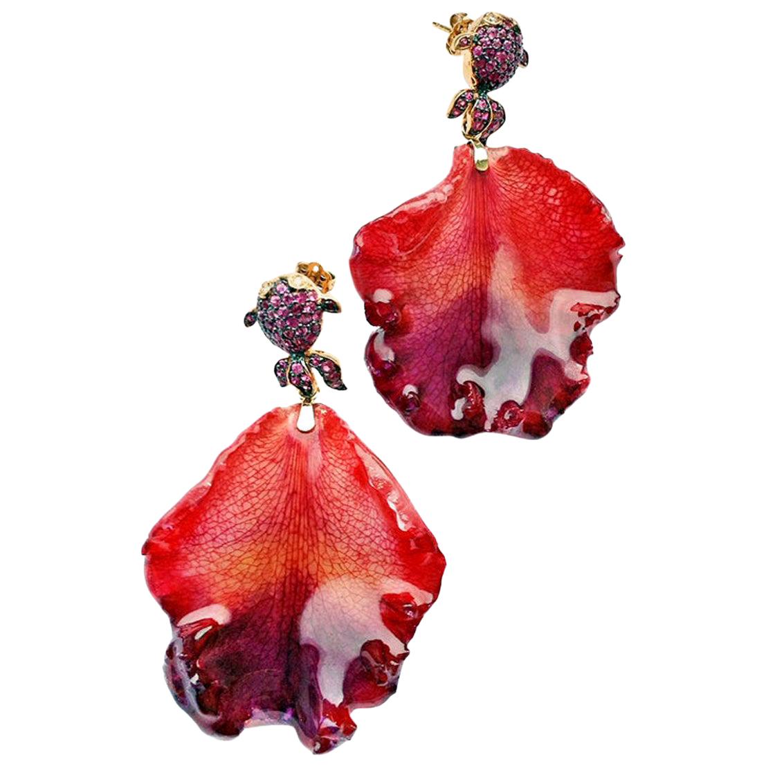 21st Century 18 Karat Rose Gold Diamond and Sapphire Fish and Orchid Earrings