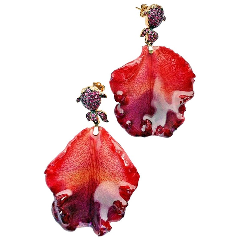 21st Century 18 Karat Rose Gold Diamond and Sapphire Fish and Orchid Earrings For Sale