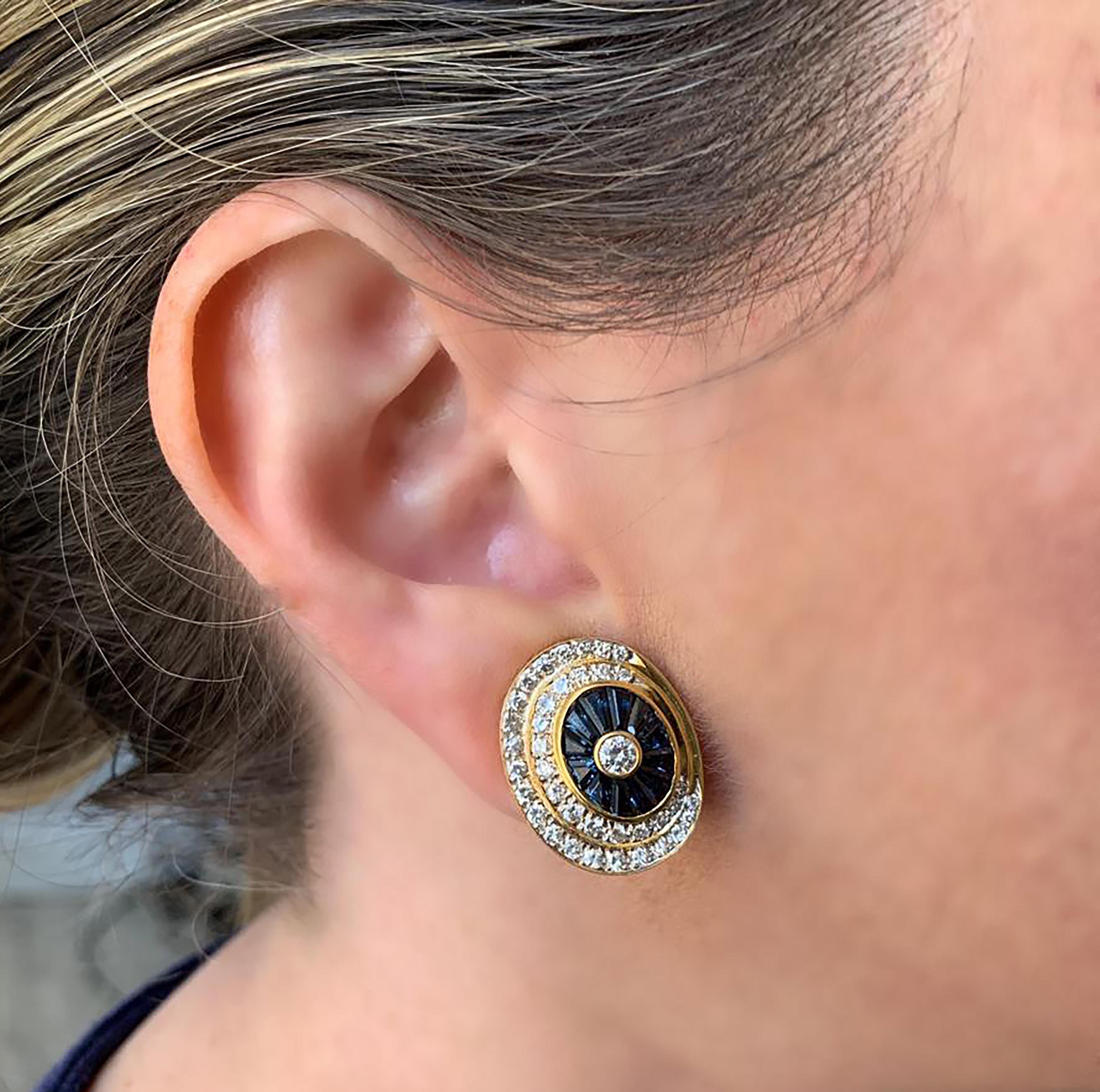 Baguette Cut Diamond and Sapphire Spiral Earrings