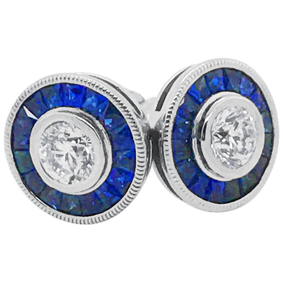Diamond and Sapphire Stud Style Earrings 14 Karat White Gold For Sale