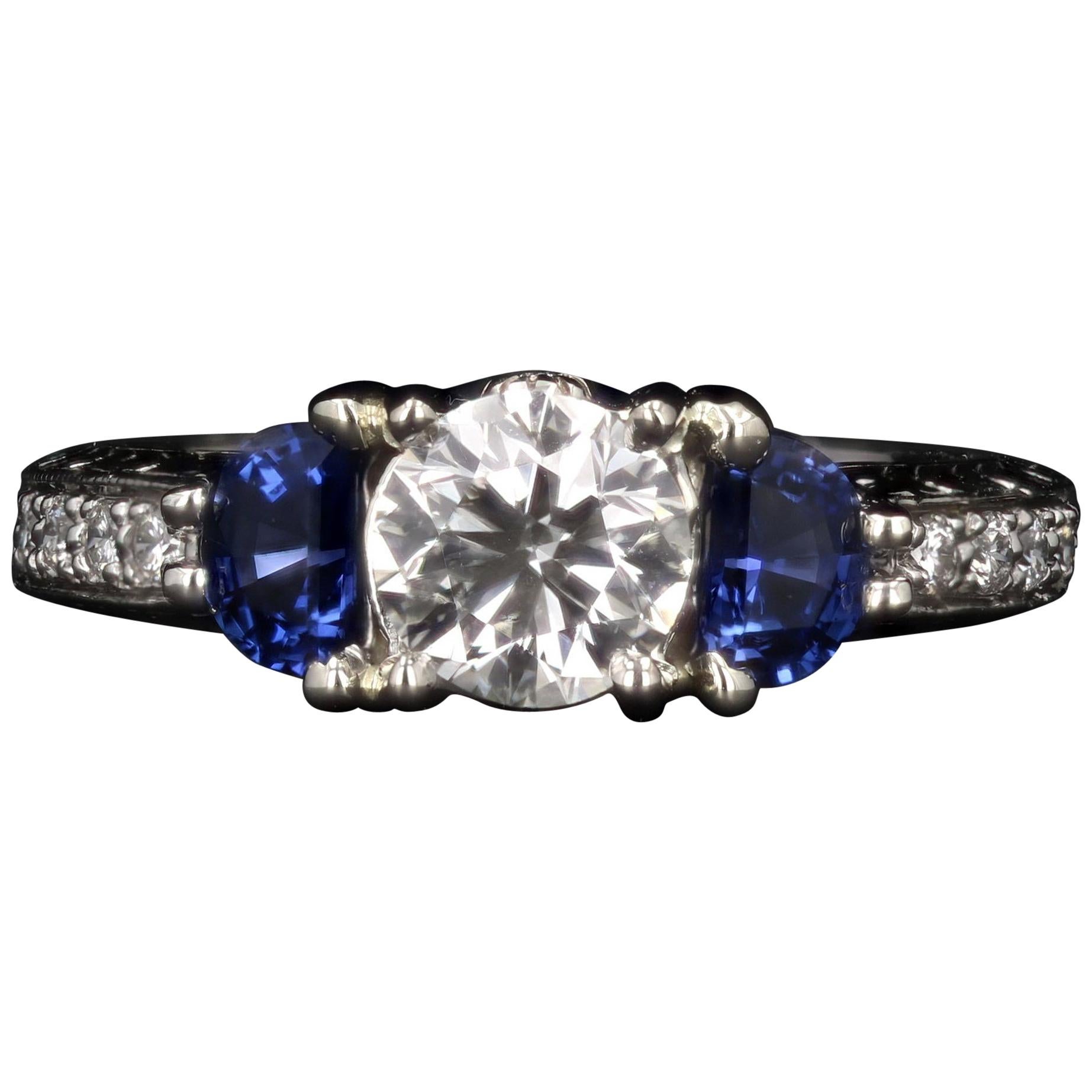Diamond and Sapphire Three-Stone Engagement Ring For Sale