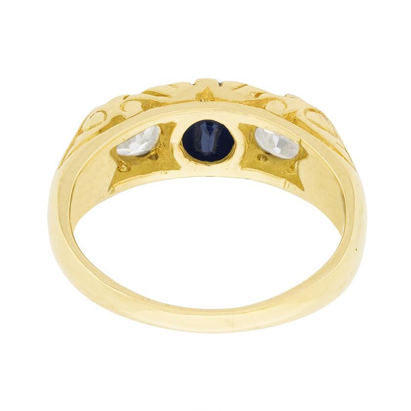 Women's or Men's Diamond and Sapphire Three Stone Ring, circa 1930s For Sale