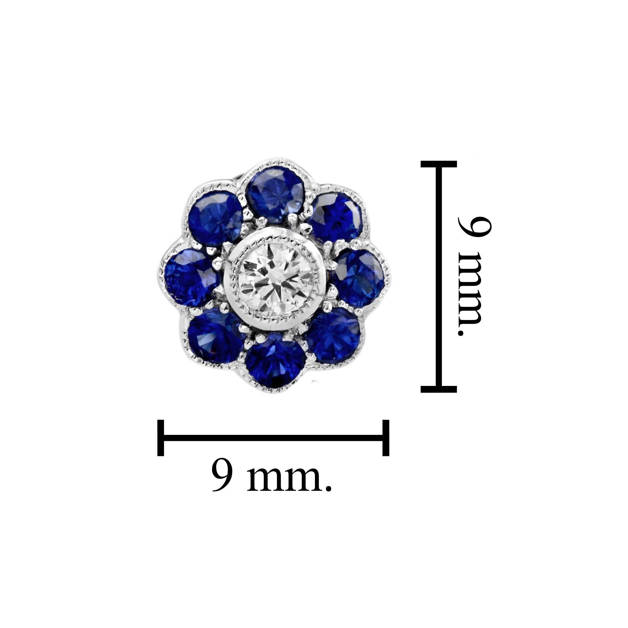 Round Cut Diamond and Sapphire Vintage Style Blooming Stud Earrings in 14k White Gold For Sale