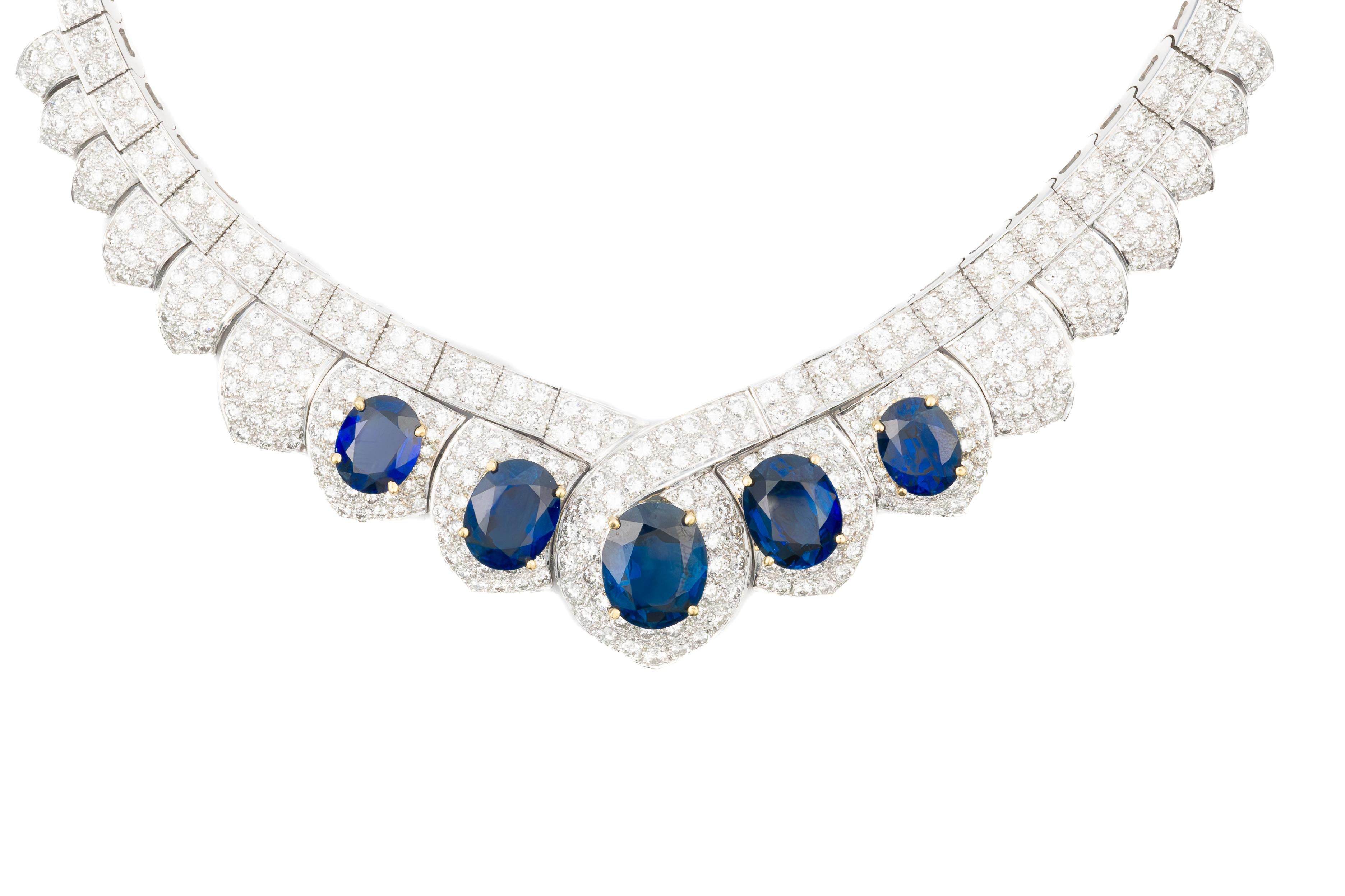 Diamond and Sapphire White Gold Necklace

Description:
A captivating display of refinement, this diamond and sapphire necklace embodies the essence of luxury. Set in luminous 18K white gold, this masterpiece features a series of richly hued blue
