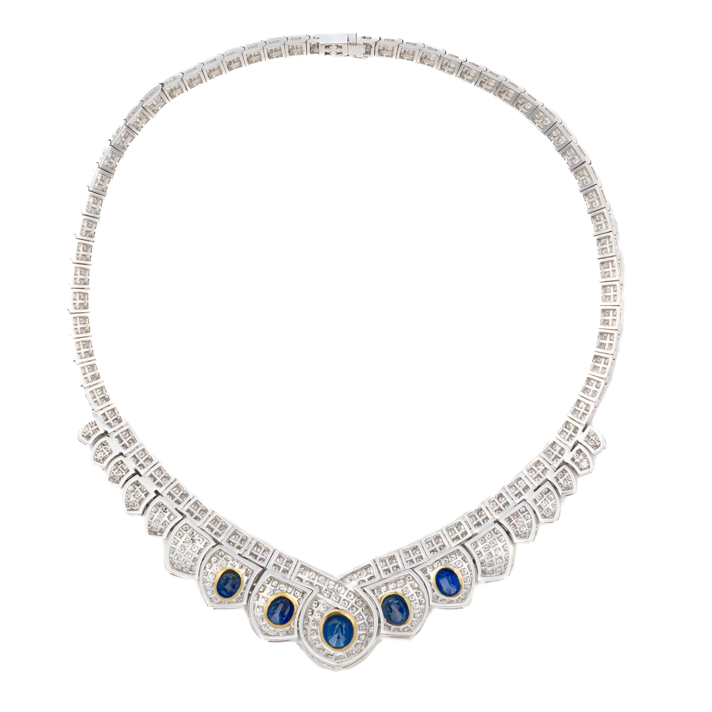Retro Diamond and Sapphire White Gold Necklace For Sale