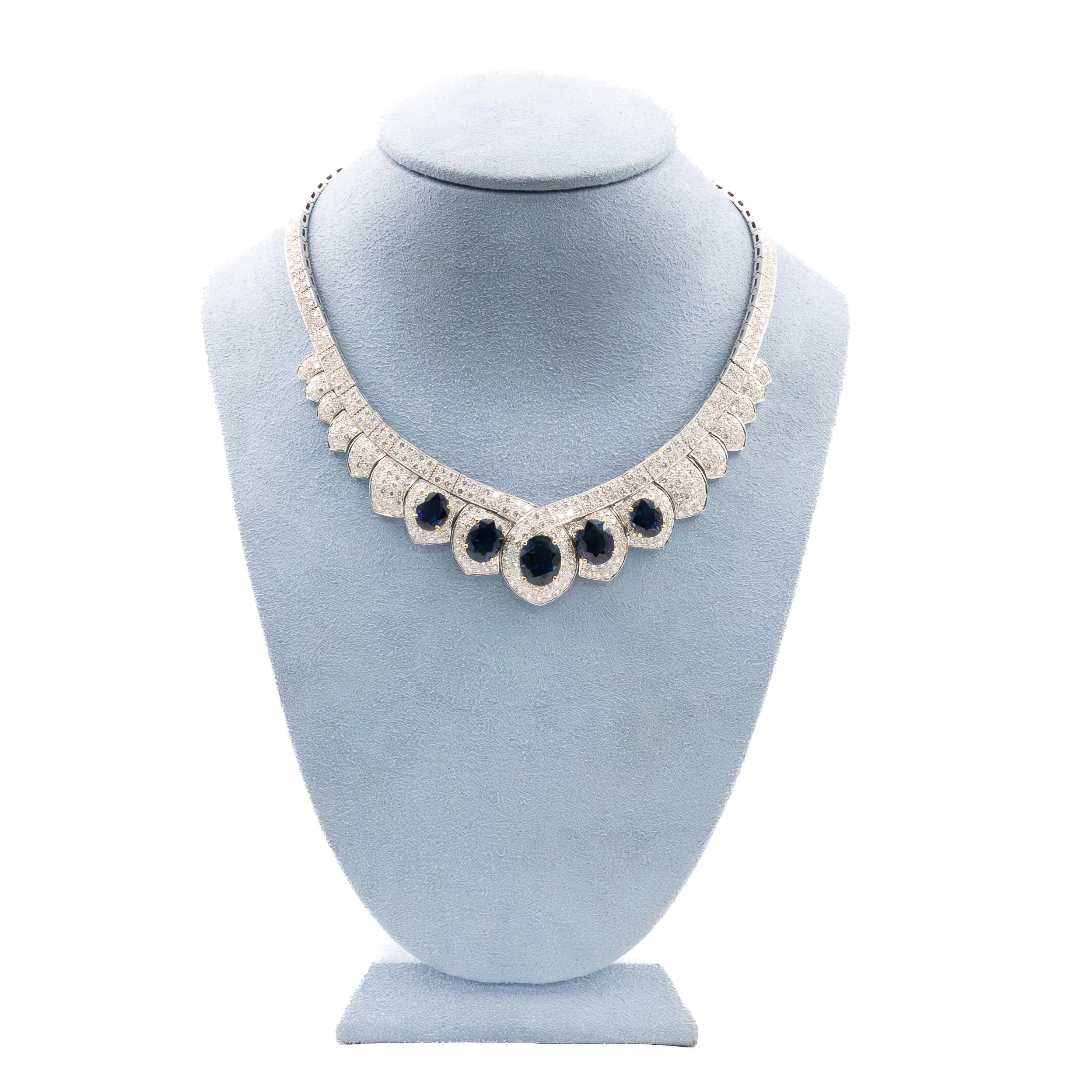 Oval Cut Diamond and Sapphire White Gold Necklace For Sale