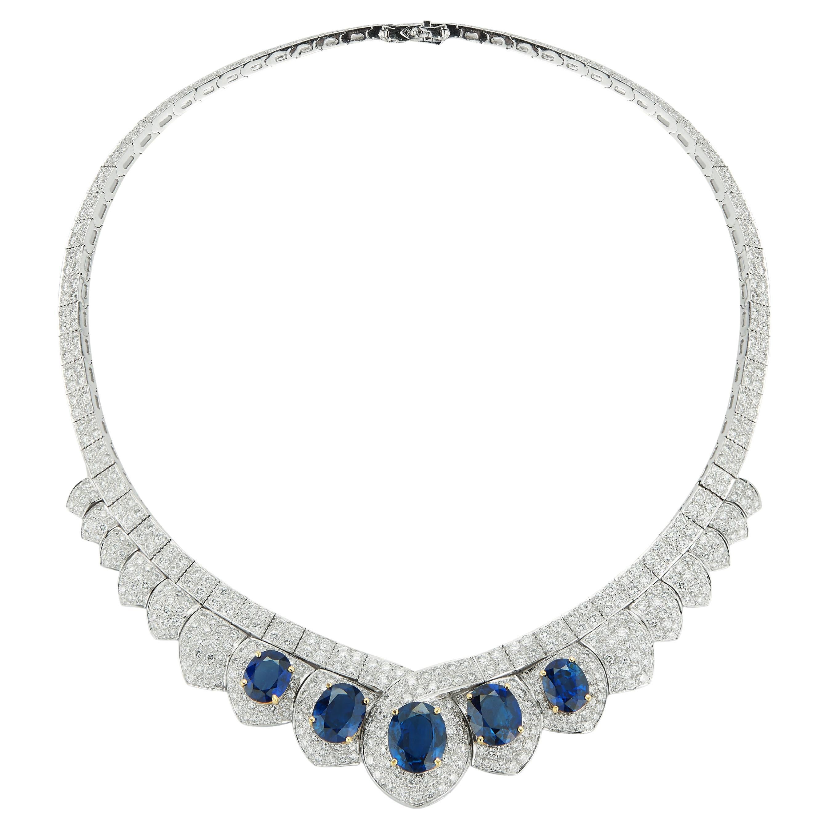 Diamond and Sapphire White Gold Necklace For Sale