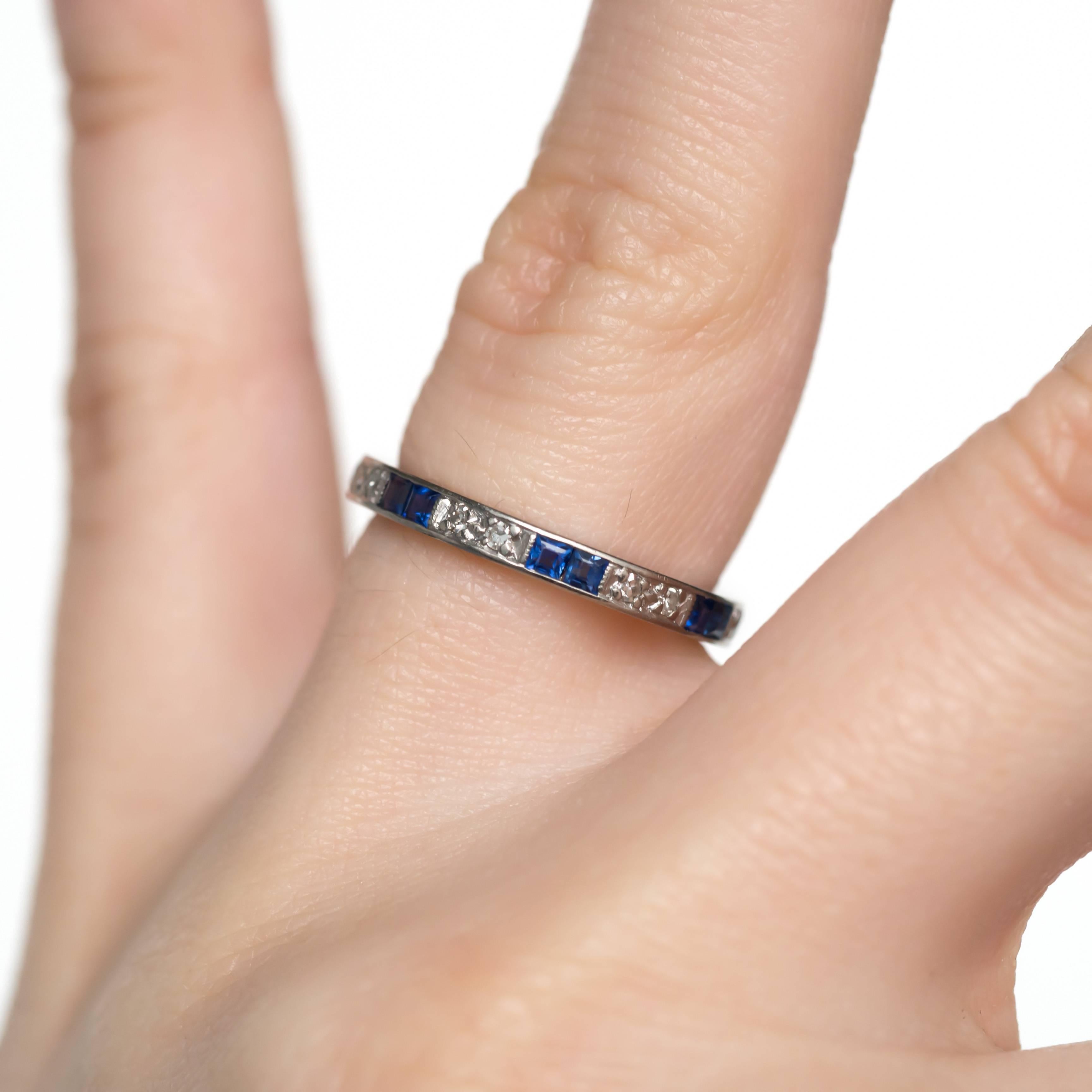 1920s Art Deco Diamond, Sapphire, 18 Karat White Gold Wedding Band 1