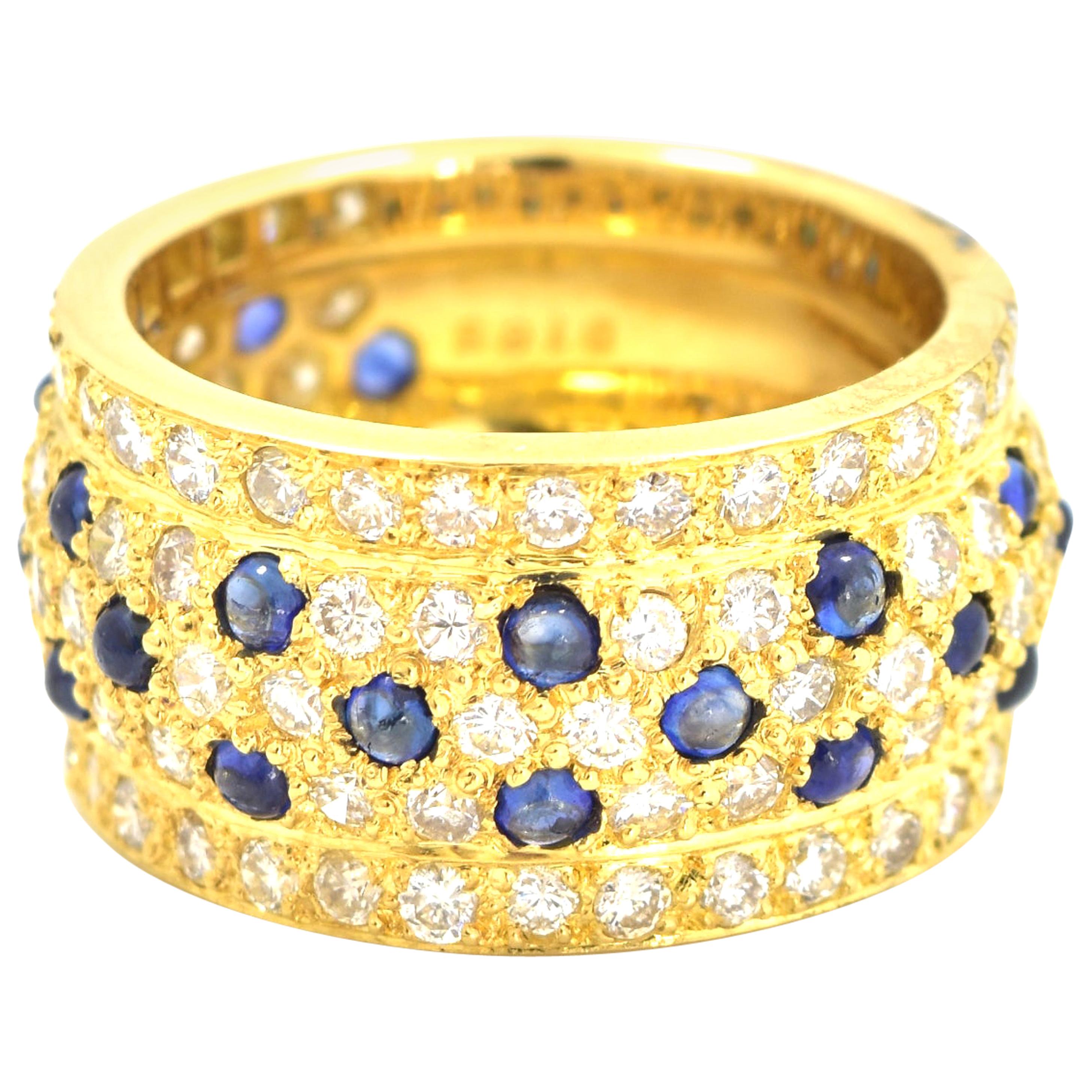 Diamond and Sapphire Wide Band in 18 Karat Yellow Gold Ring