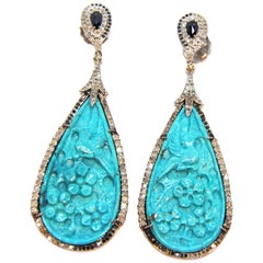 Diamond and Sapphires Bird Turquoise 18 Karat Gold and Silver Chandelier Earring