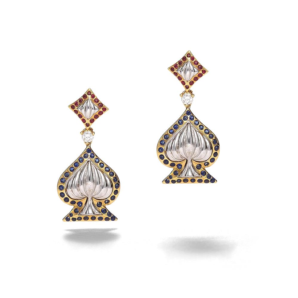 Earrings in 18kt white and yellow gold set with 2 diamonds 0.15 cts and sapphires and rubies 1.21 cts