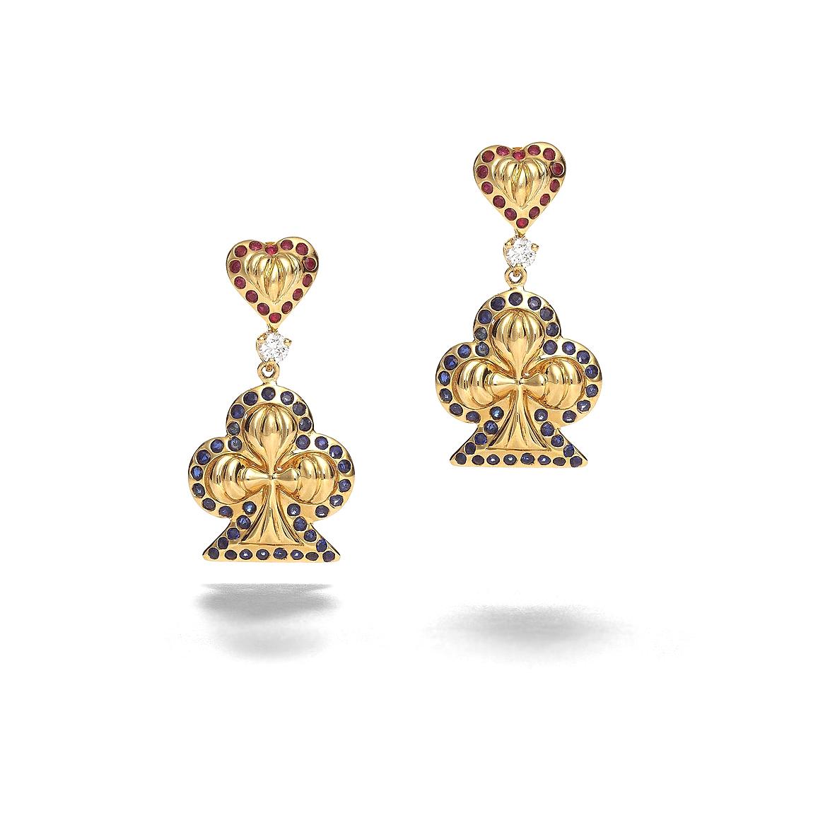 Earrings in 18kt yellow gold set with 2 diamonds 0.15 cts and sapphires and rubies 1.33 cts