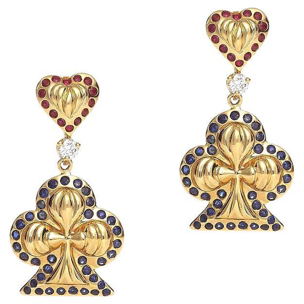 Diamond and Sapphires Gold Earrings For Sale