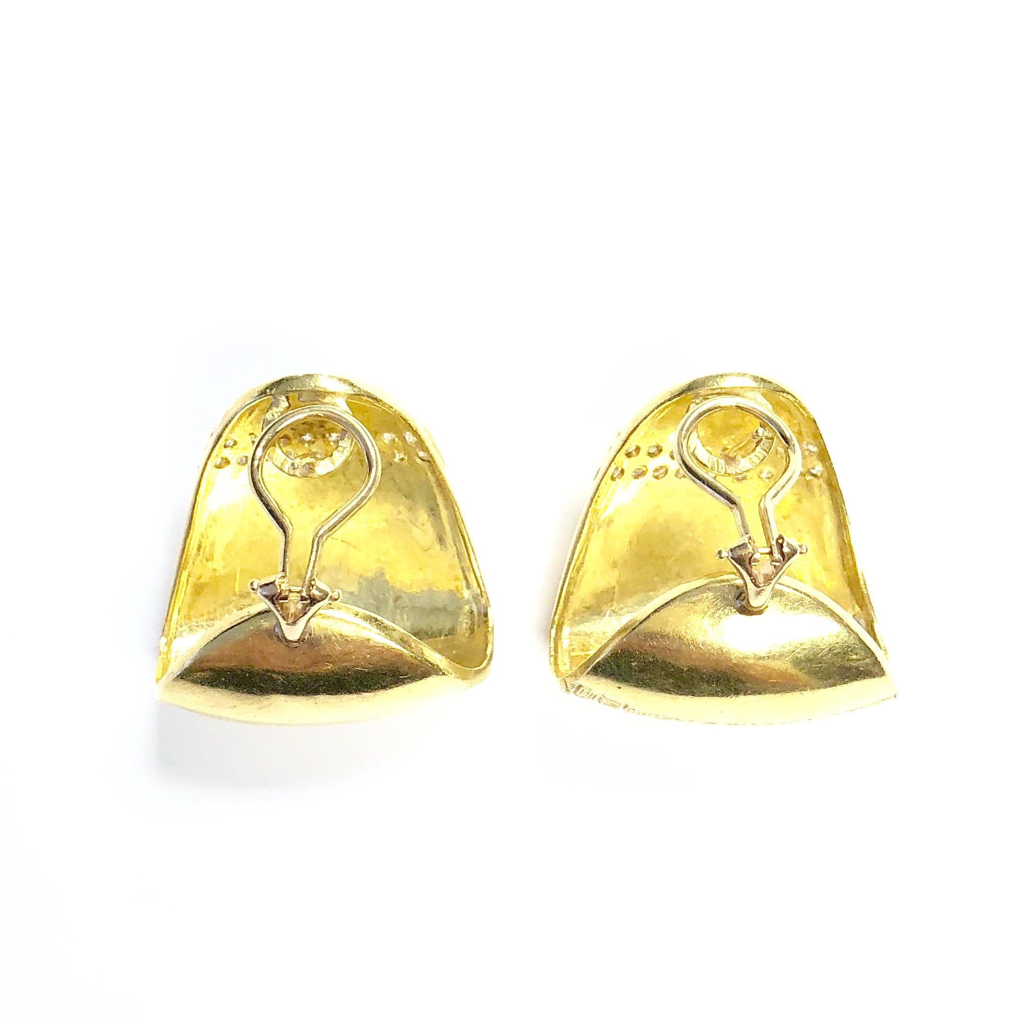 Diamond and Satin Finished Large Gold Earrings In Excellent Condition In Agoura Hills, CA