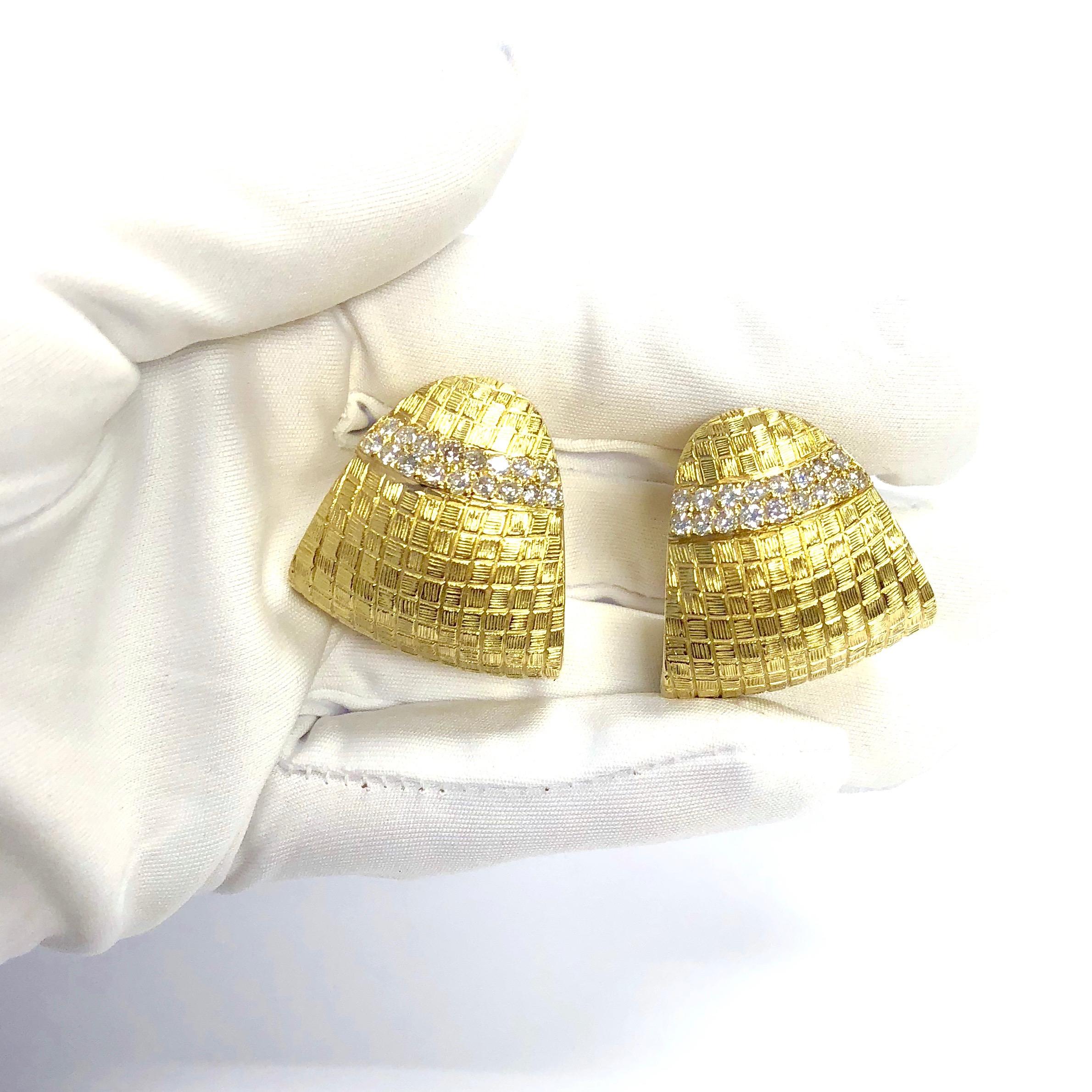 Women's or Men's Diamond and Satin Finished Large Gold Earrings