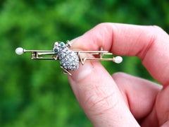 Diamond and Seed Pearl Imitation Gemstone and Yellow Gold Frog Bar Brooch