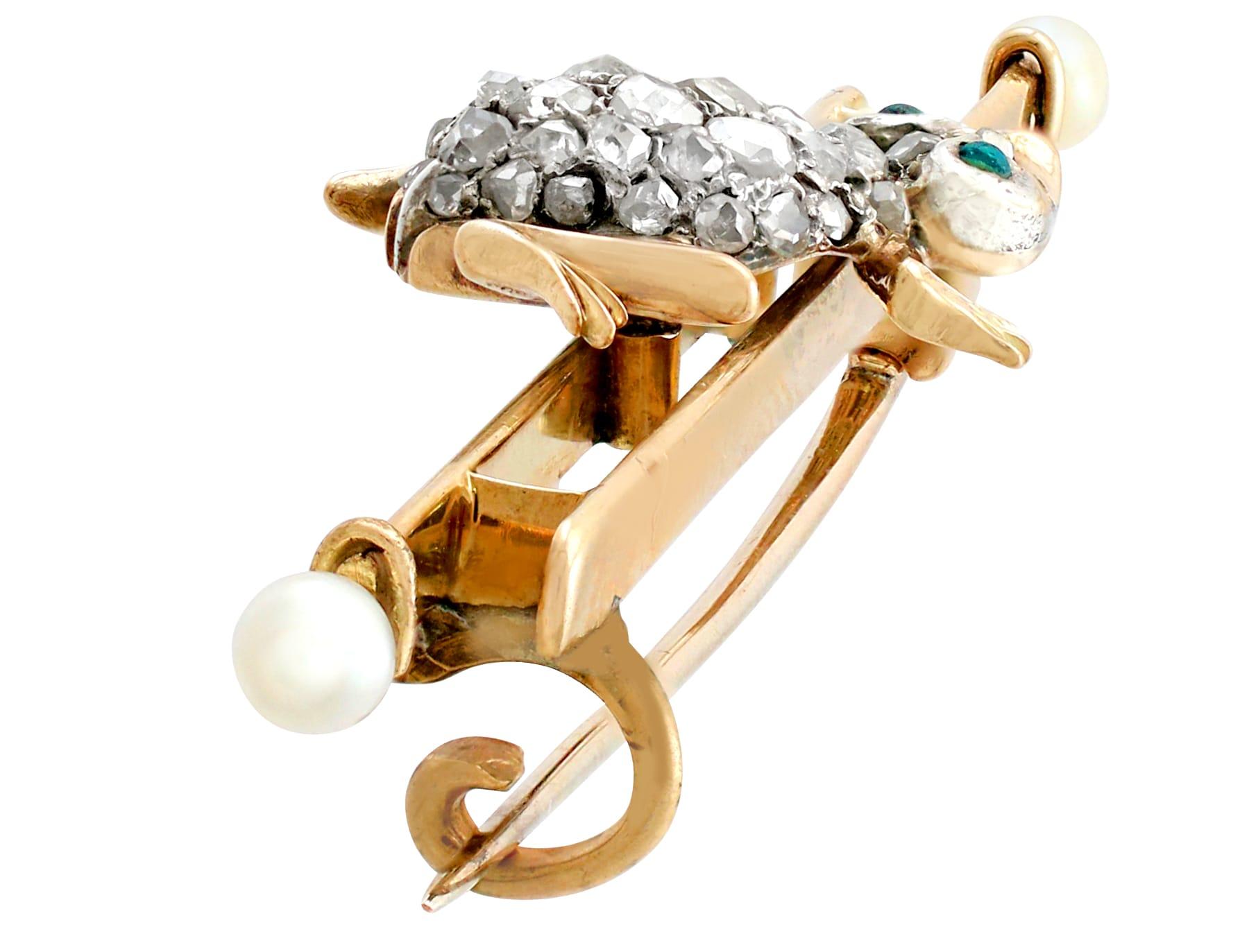Victorian Diamond and Seed Pearl Imitation Gemstone and Yellow Gold Frog Bar Brooch For Sale
