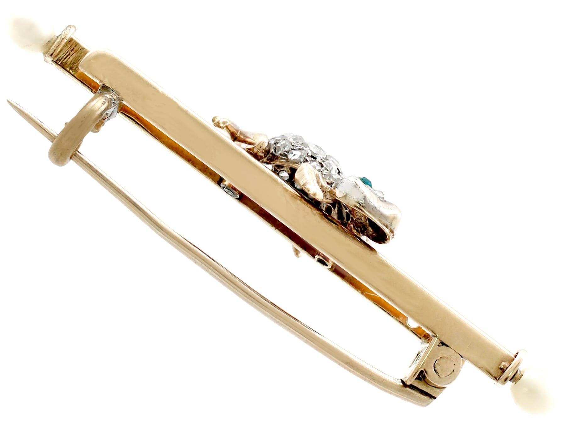Round Cut Diamond and Seed Pearl Imitation Gemstone and Yellow Gold Frog Bar Brooch For Sale