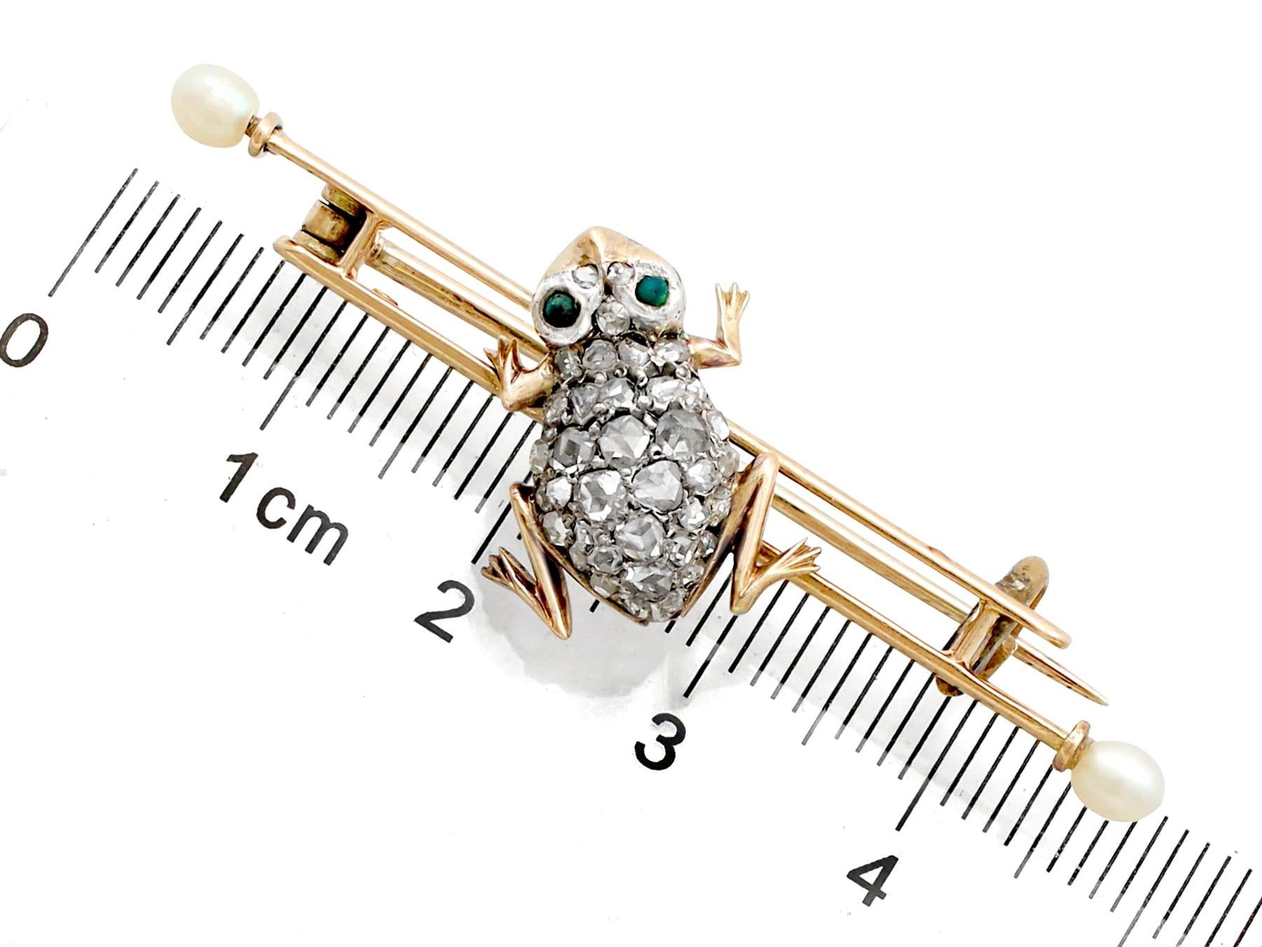 Diamond and Seed Pearl Imitation Gemstone and Yellow Gold Frog Bar Brooch For Sale 1