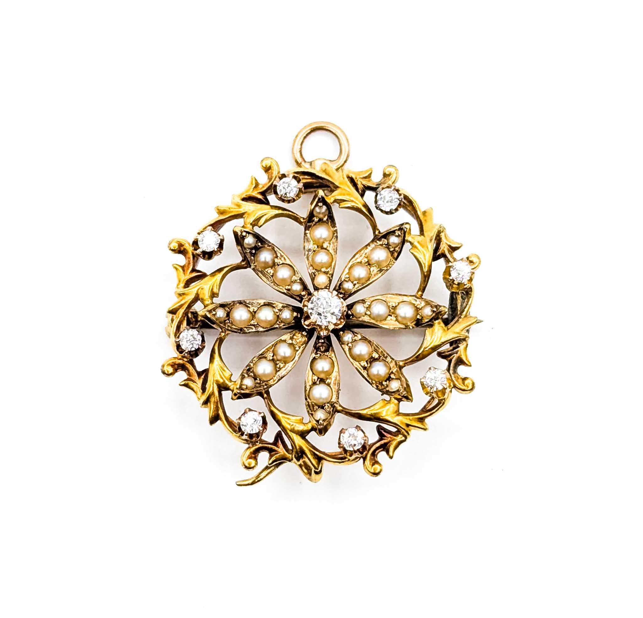 Broche Victoriano de Diamantes y Perlas de Siembra en Oro Amarillo de 14k en venta 1