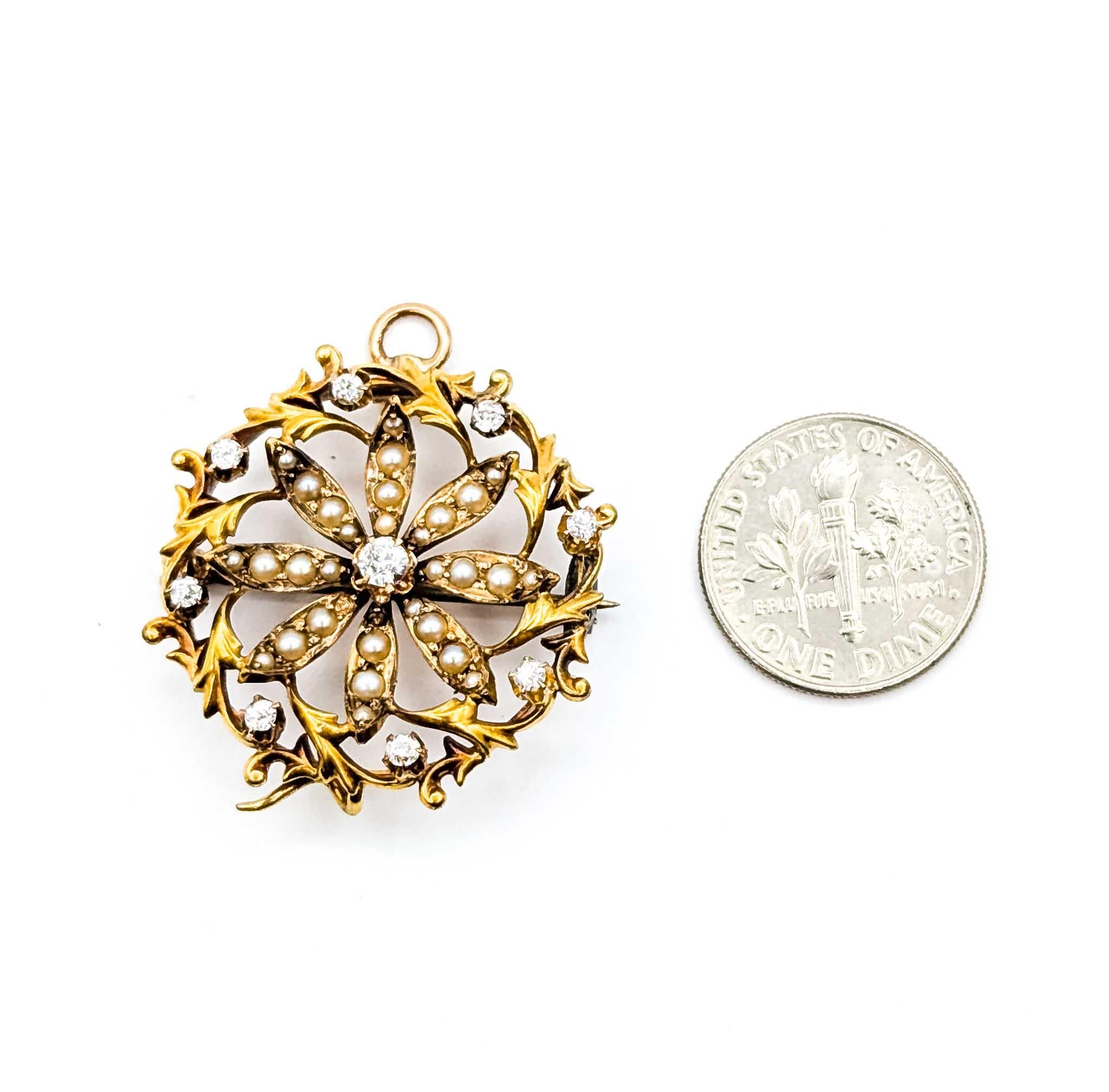 Broche Victoriano de Diamantes y Perlas de Siembra en Oro Amarillo de 14k en venta 2