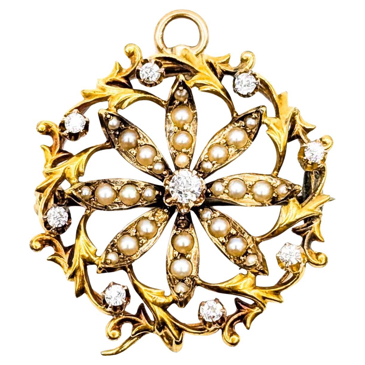 Broche Victoriano de Diamantes y Perlas de Siembra en Oro Amarillo de 14k