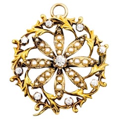 Diamond and Seed Pearl Victorian Brooch in 14k Yellow Gold