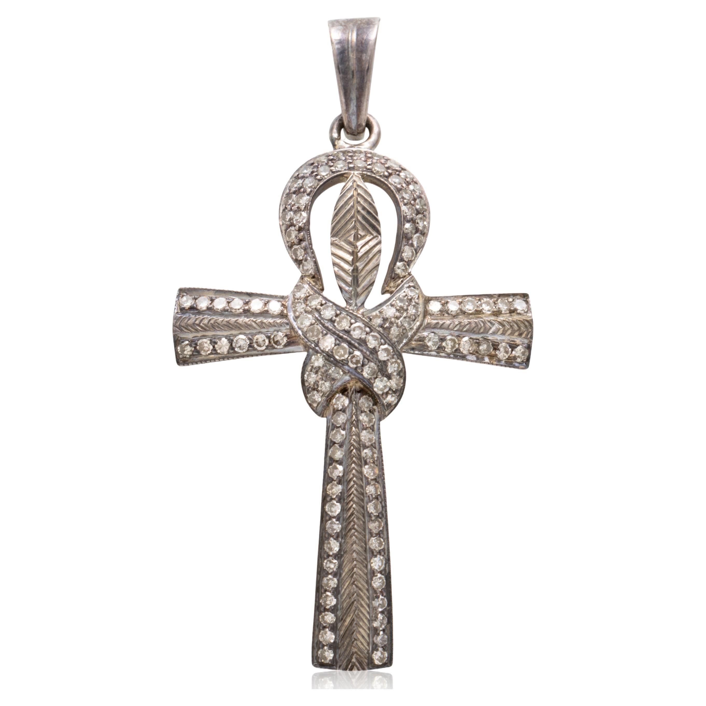 Diamond and Silver Anubis Knotted Cross Pendant For Sale