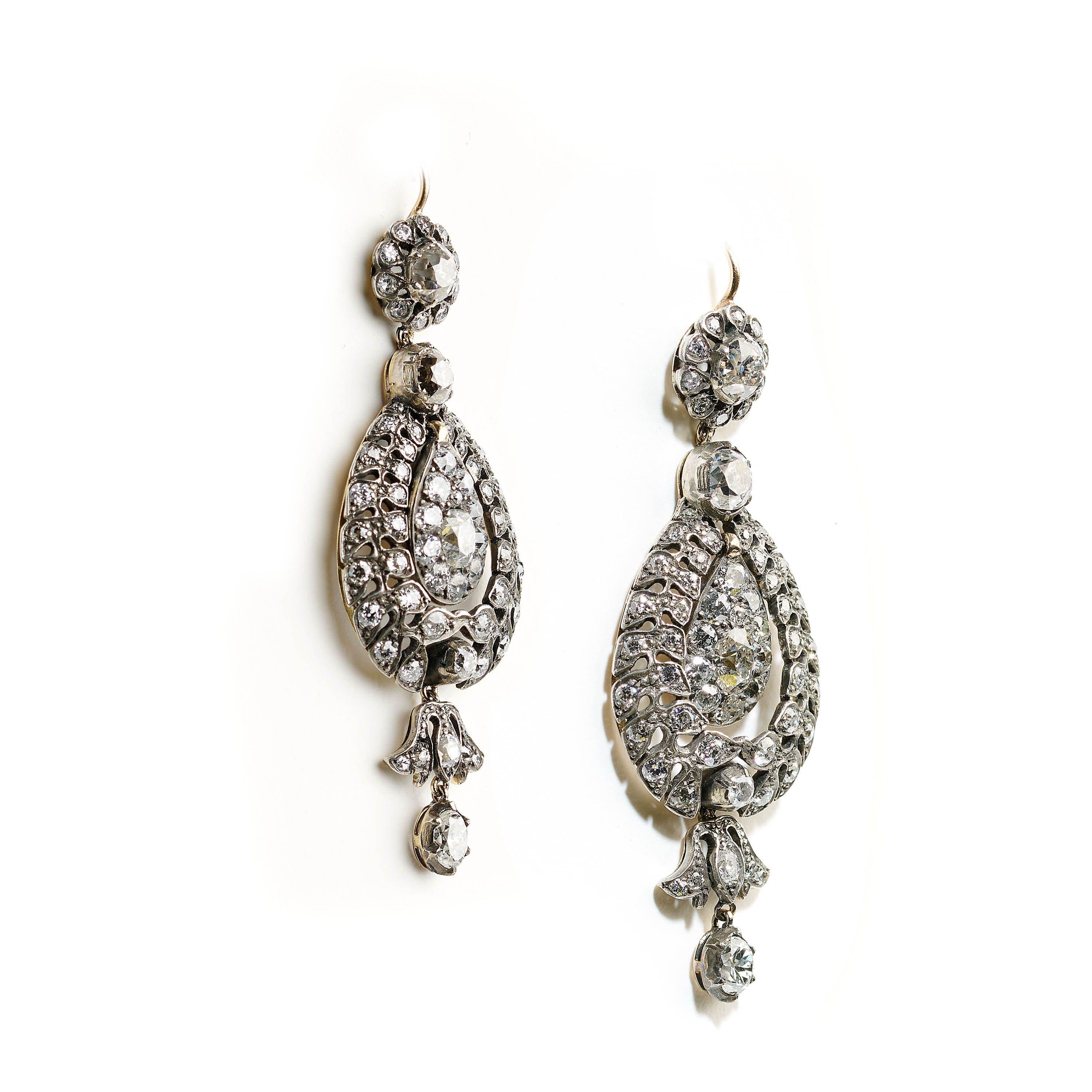 Modern Diamond and Silver Upon Gold Antique Style Drop Earrings, 10.38ct For Sale