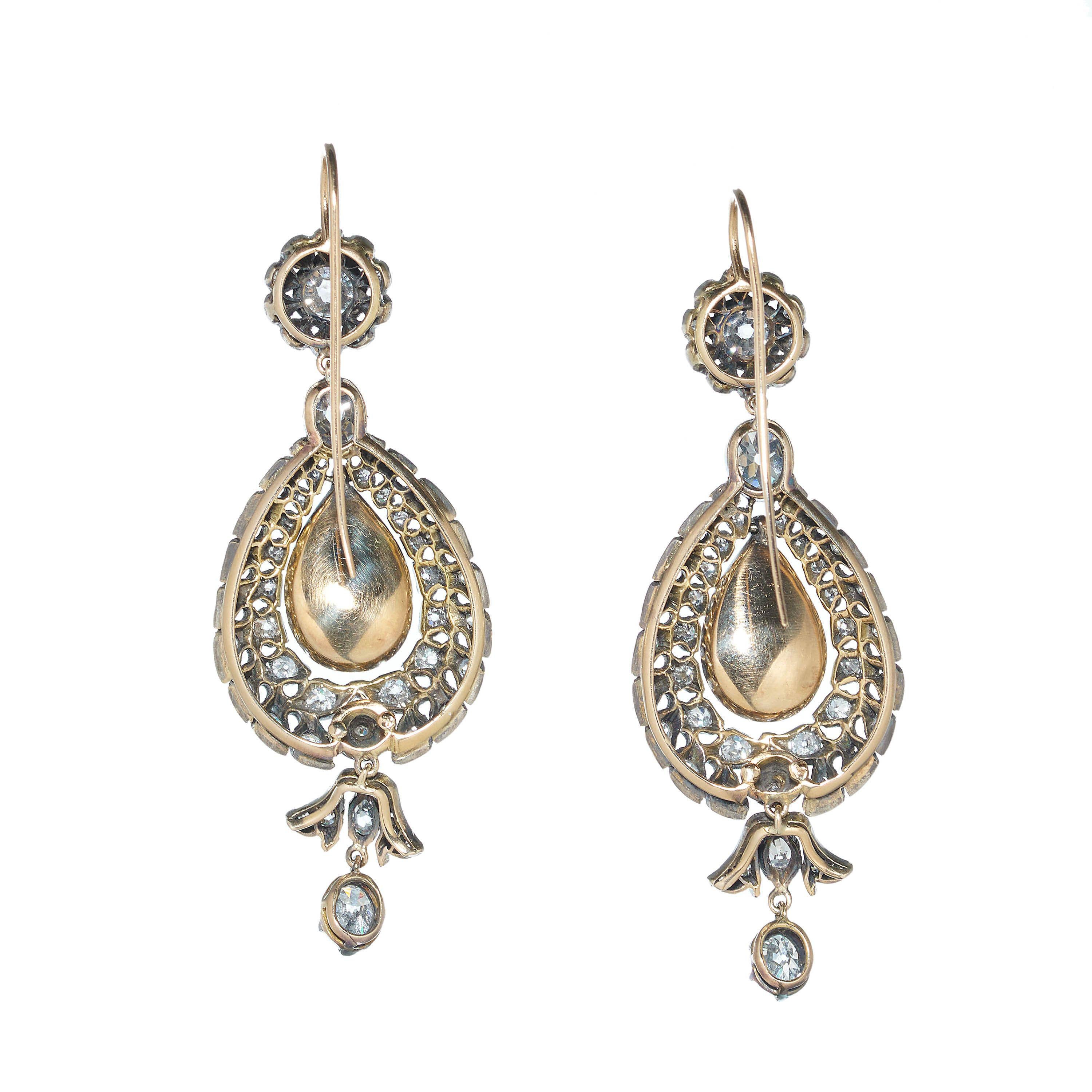 Old Mine Cut Diamond and Silver Upon Gold Antique Style Drop Earrings, 10.38ct For Sale