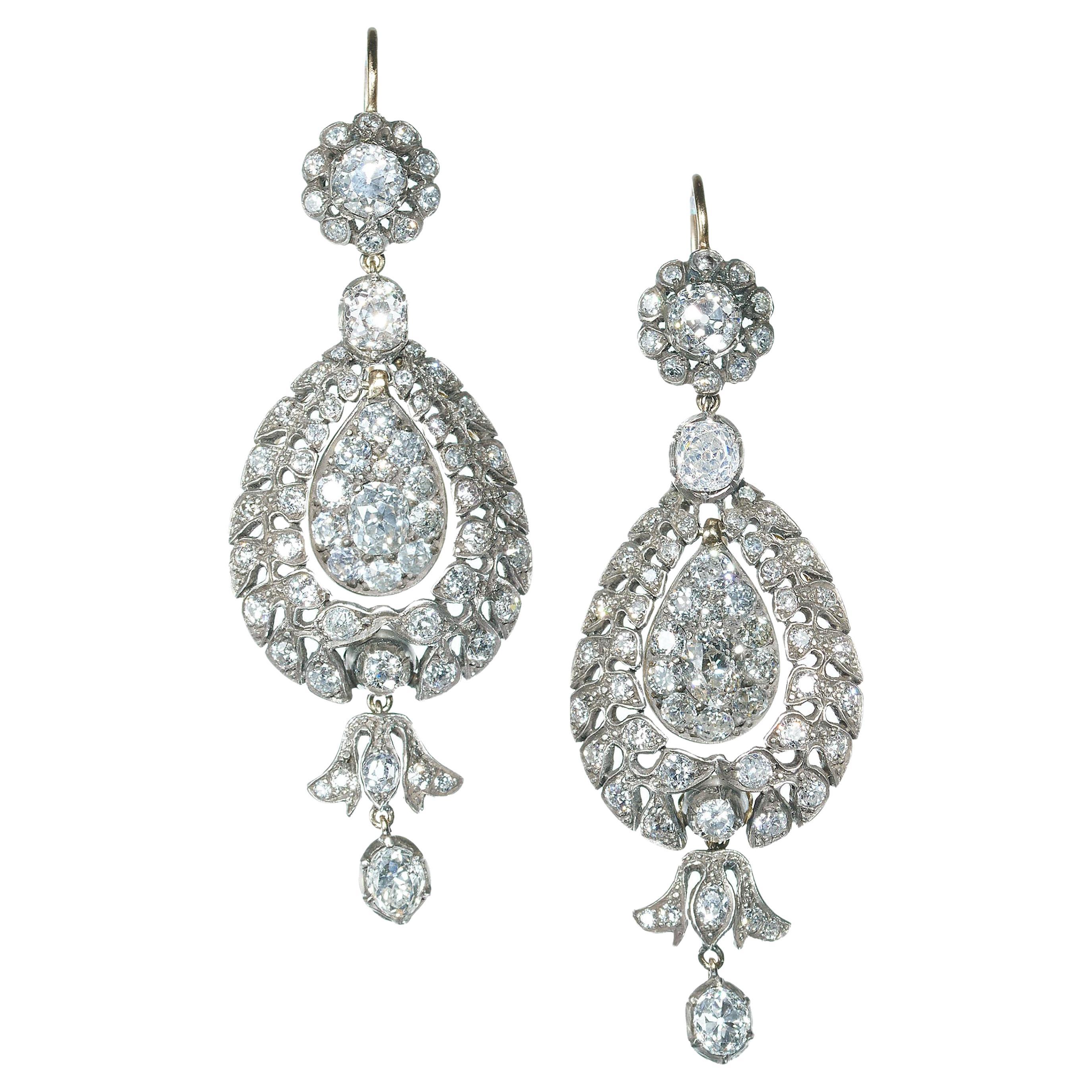 Diamond and Silver Upon Gold Antique Style Drop Earrings, 10.38ct For Sale