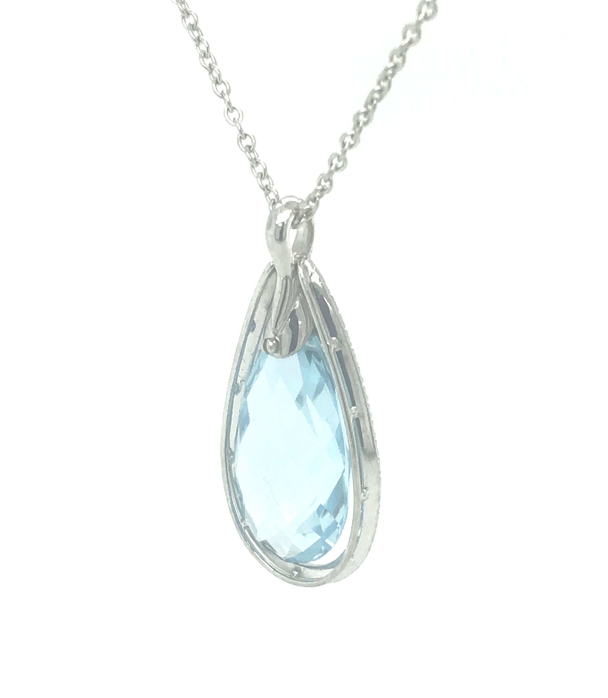 Modern Diamond and Sky Blue Pear Topaz Pendant 18k White Gold For Sale