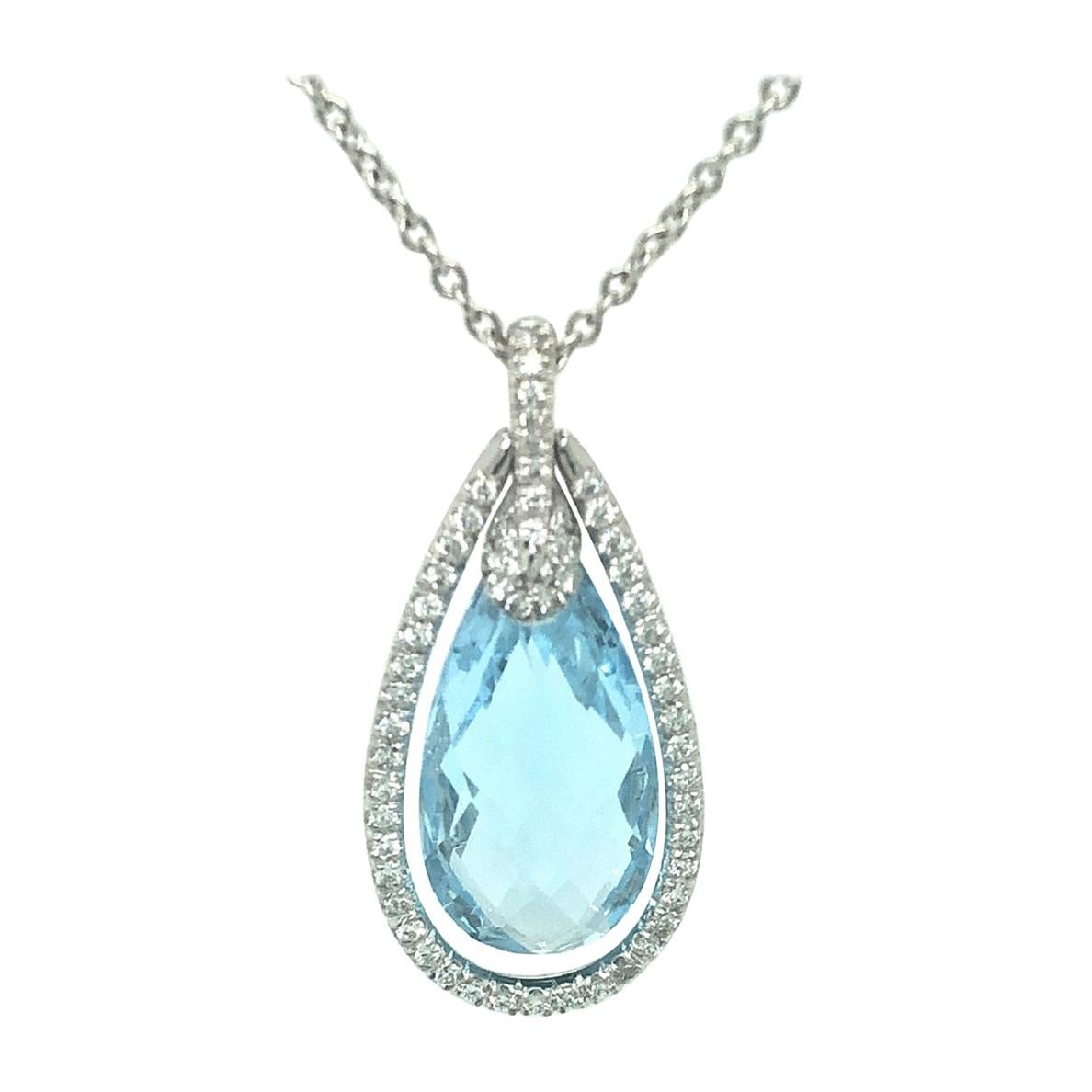 Diamond and Sky Blue Pear Topaz Pendant 18k White Gold For Sale