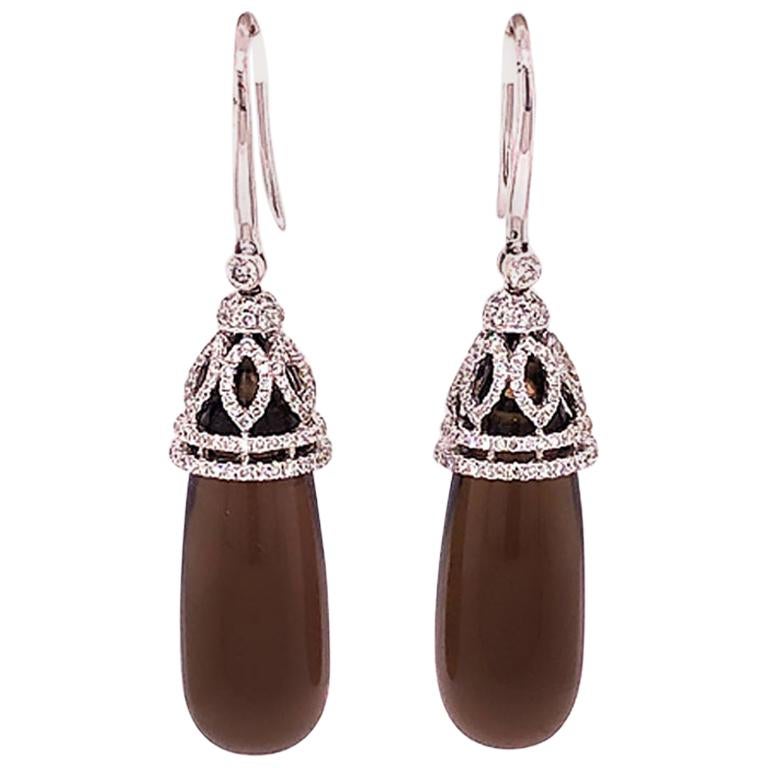 Diamond and Smoky Quartz Large Drop Earrings, 18 Karat White Gold For Sale