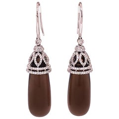 Diamond and Smoky Quartz Large Drop Earrings, 18 Karat White Gold