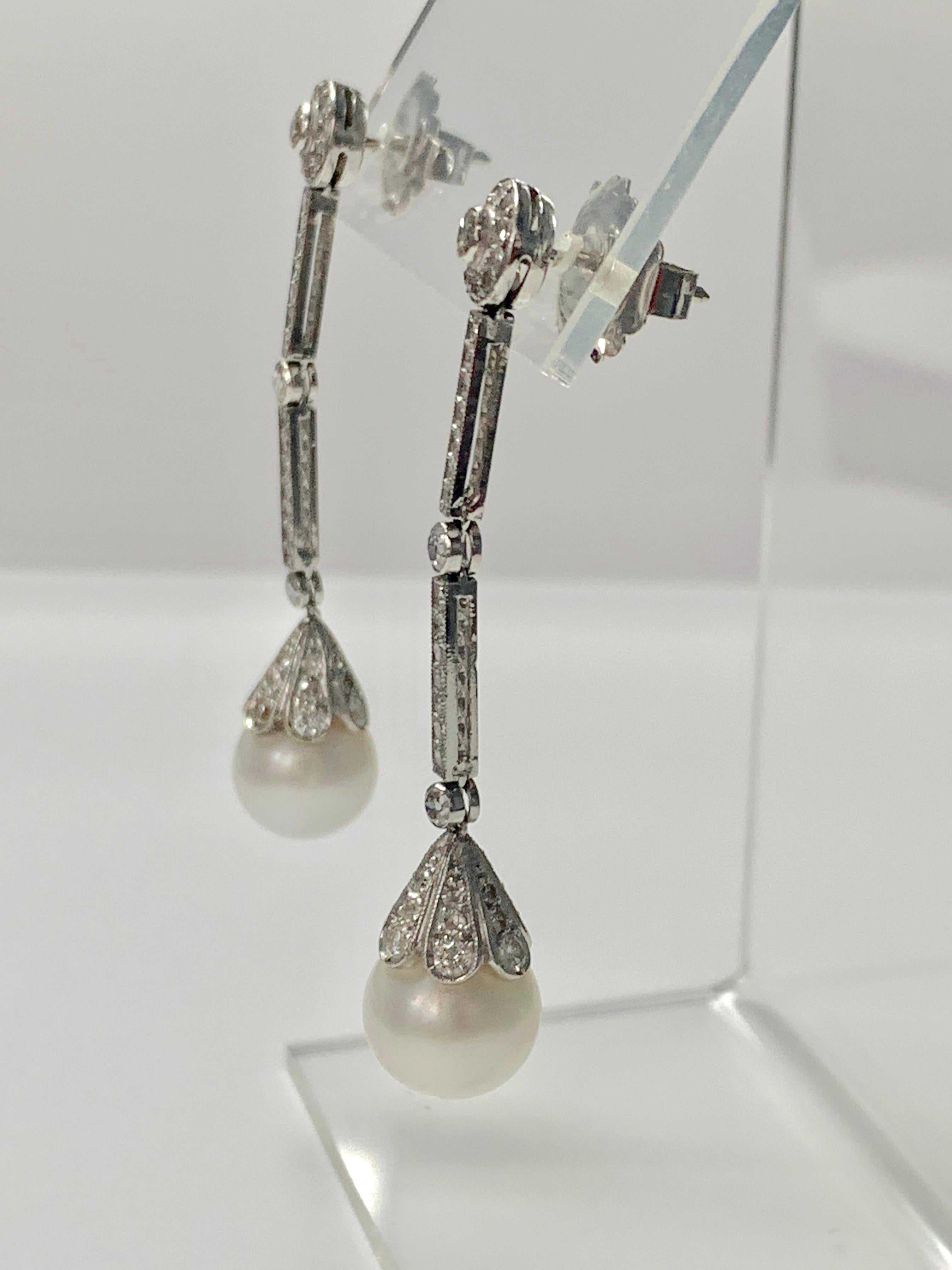 Round Cut Diamond and South Sea Pearl Chandelier Earrings in 18K White Gold For Sale
