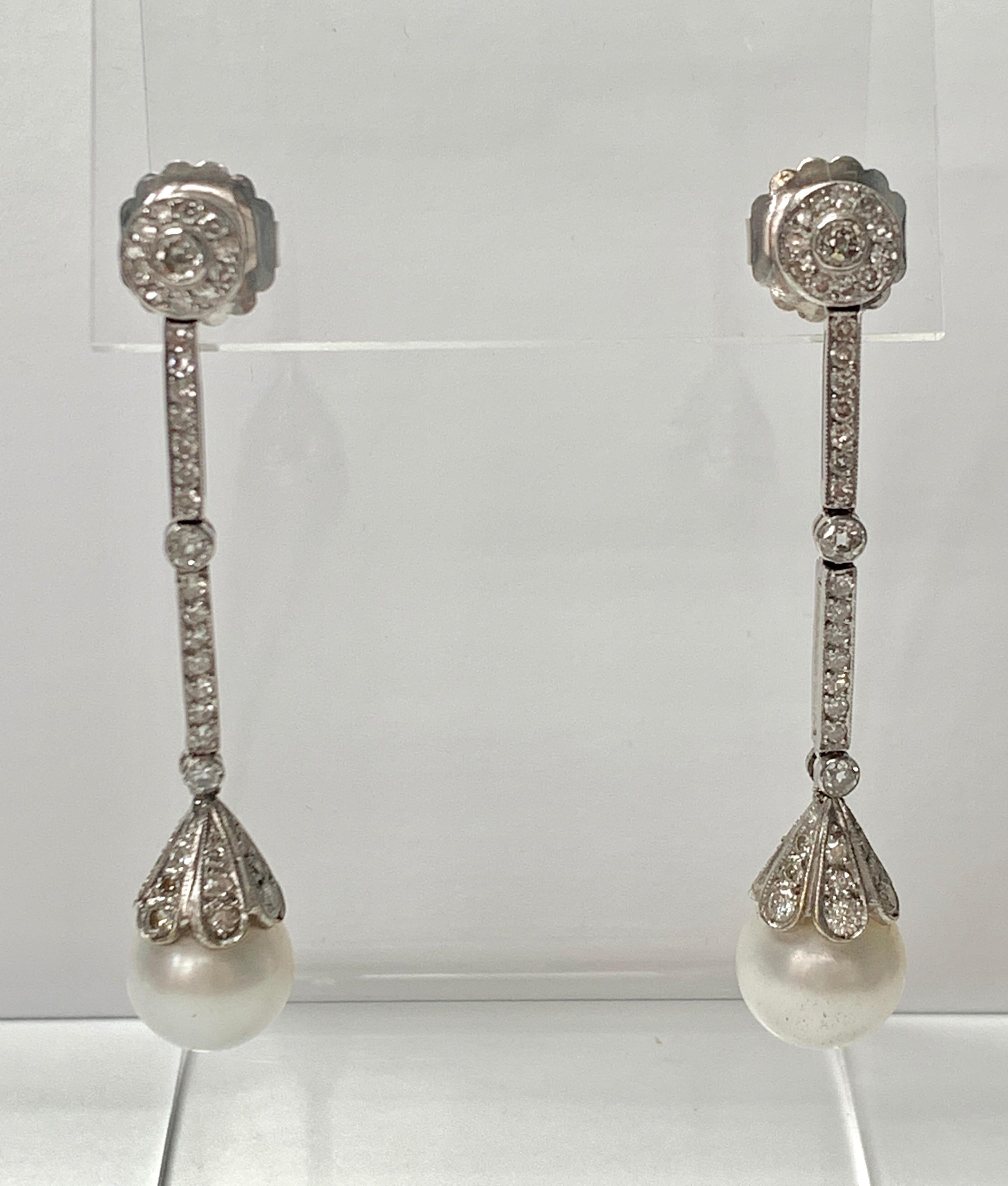 Women's Diamond and South Sea Pearl Chandelier Earrings in 18K White Gold For Sale