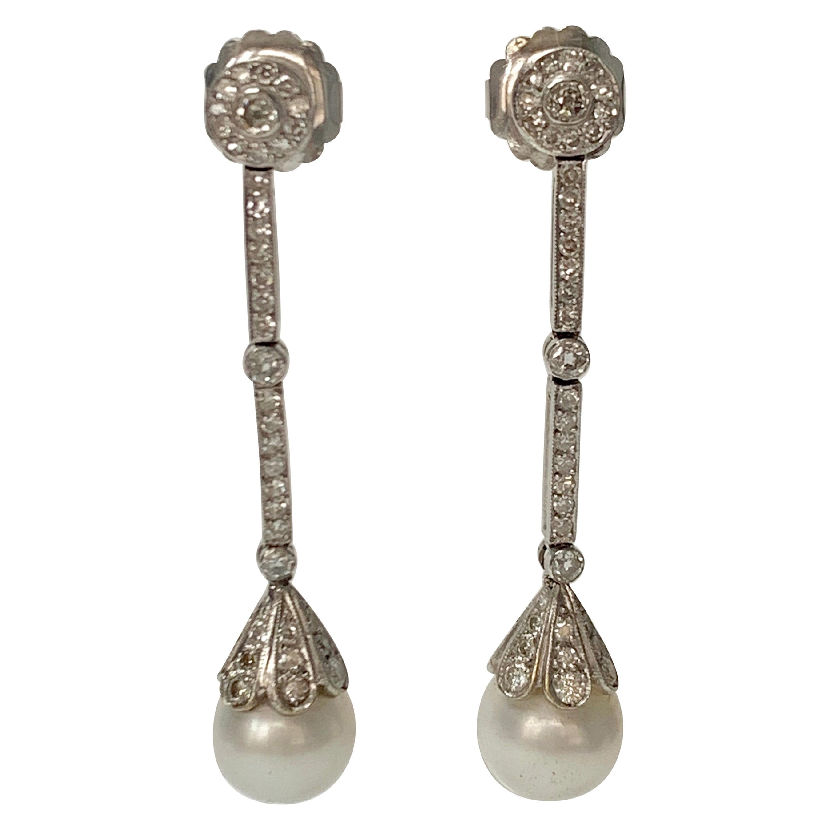 Diamond and South Sea Pearl Chandelier Earrings in 18K White Gold For Sale
