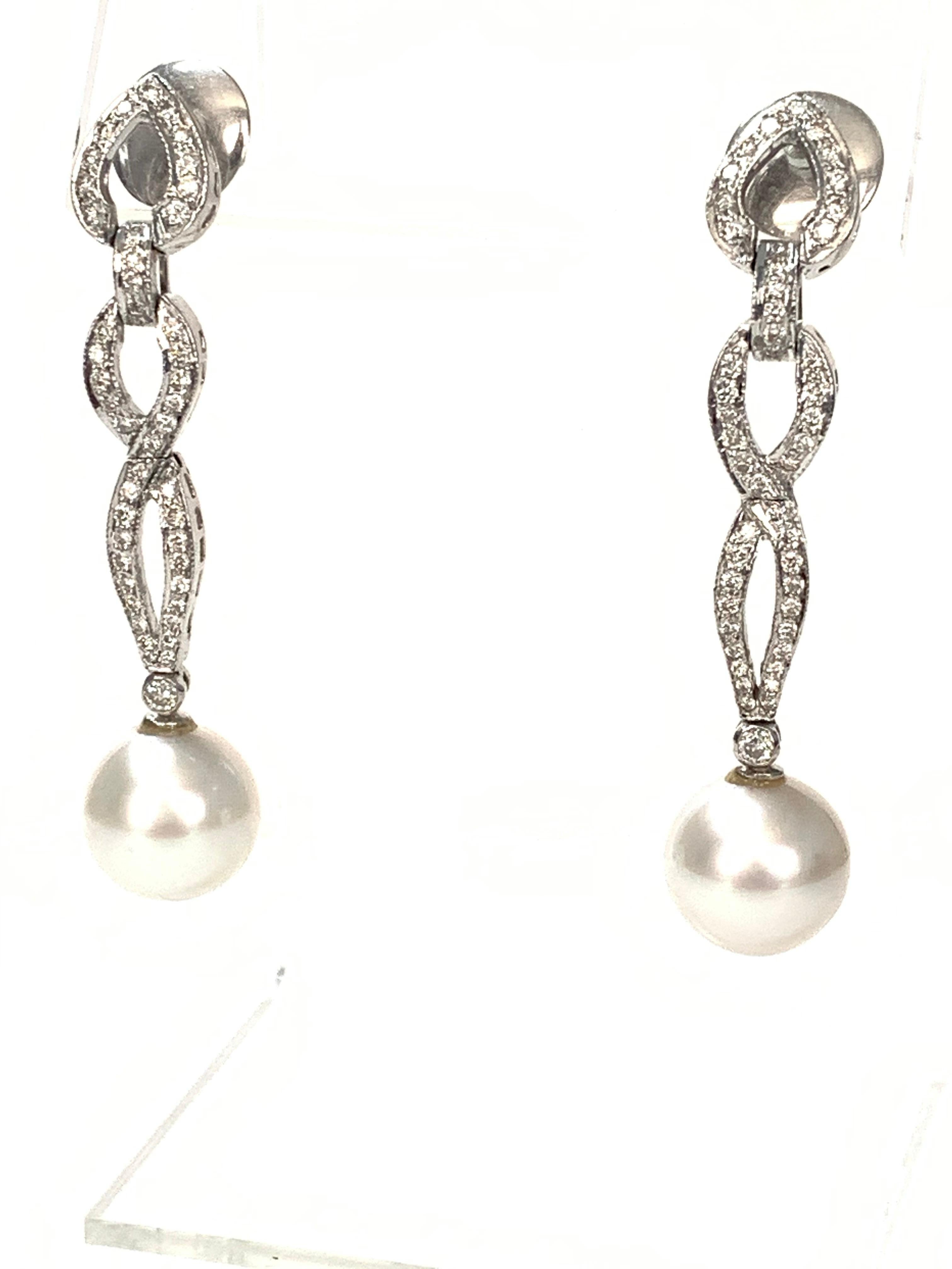 Contemporary Diamond and South Sea Pearl Earrings in 18k White Gold For Sale
