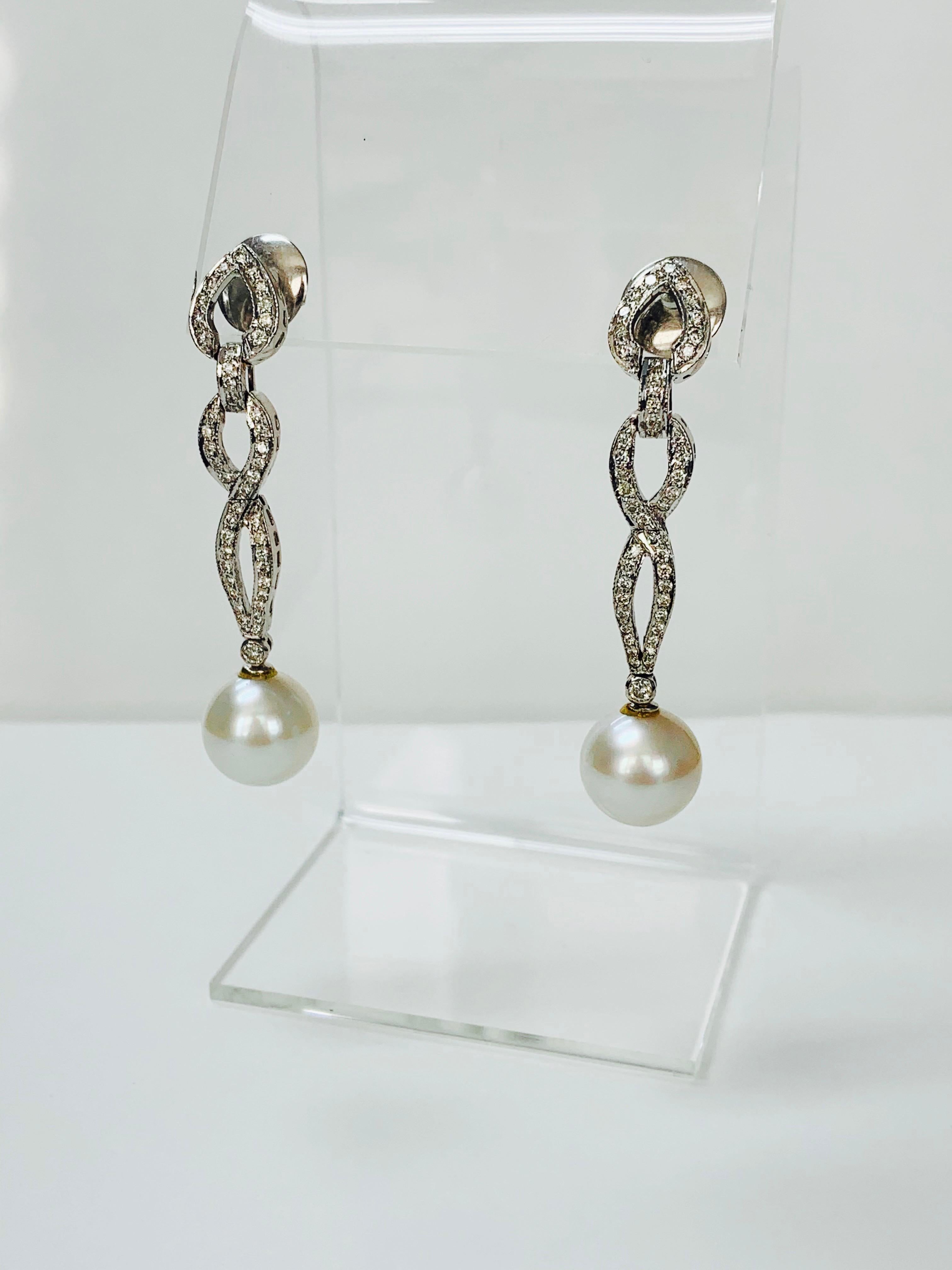 Round Cut Diamond and South Sea Pearl Earrings in 18k White Gold For Sale