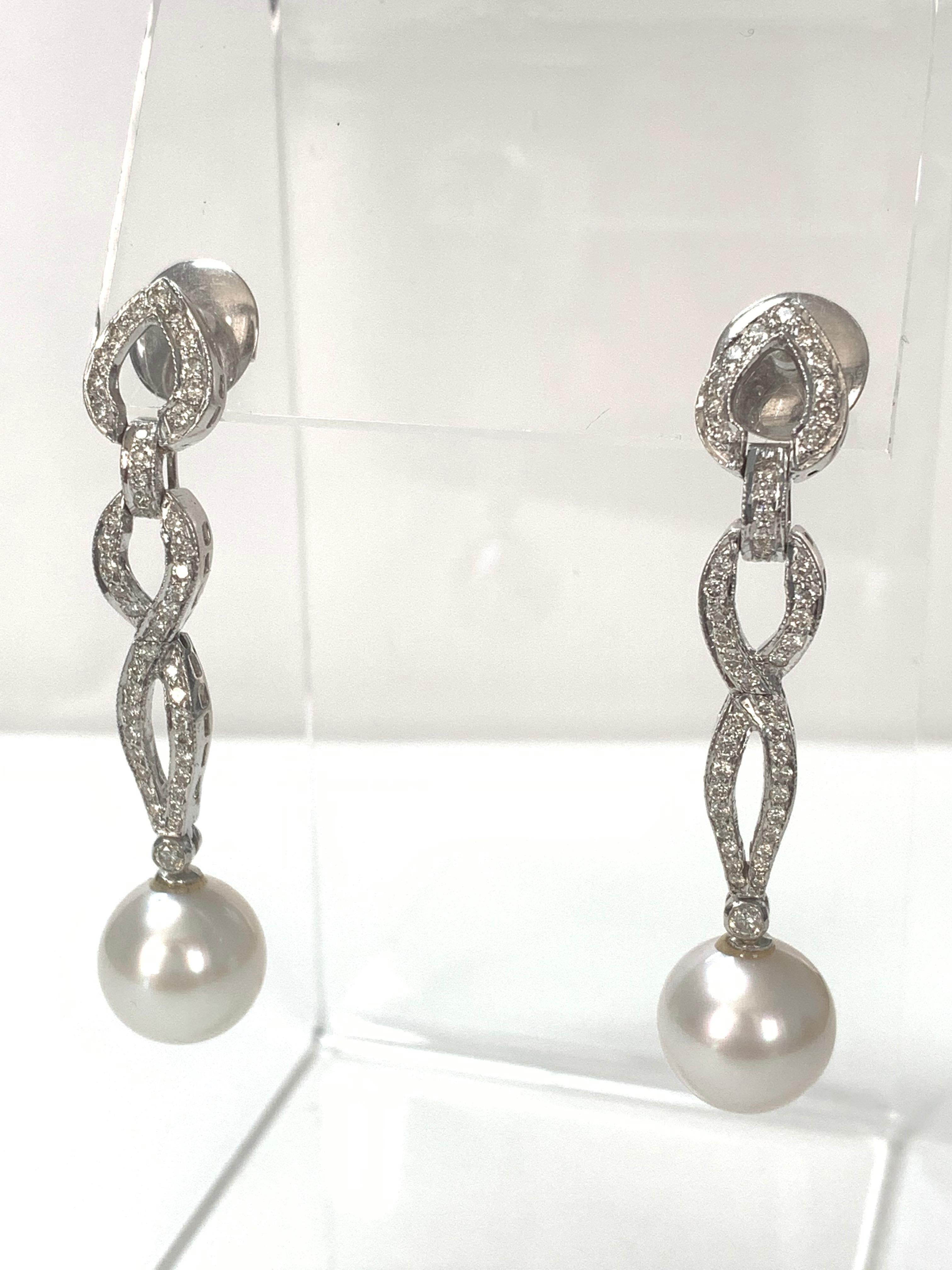 Diamond and South Sea Pearl Earrings in 18k White Gold For Sale 1