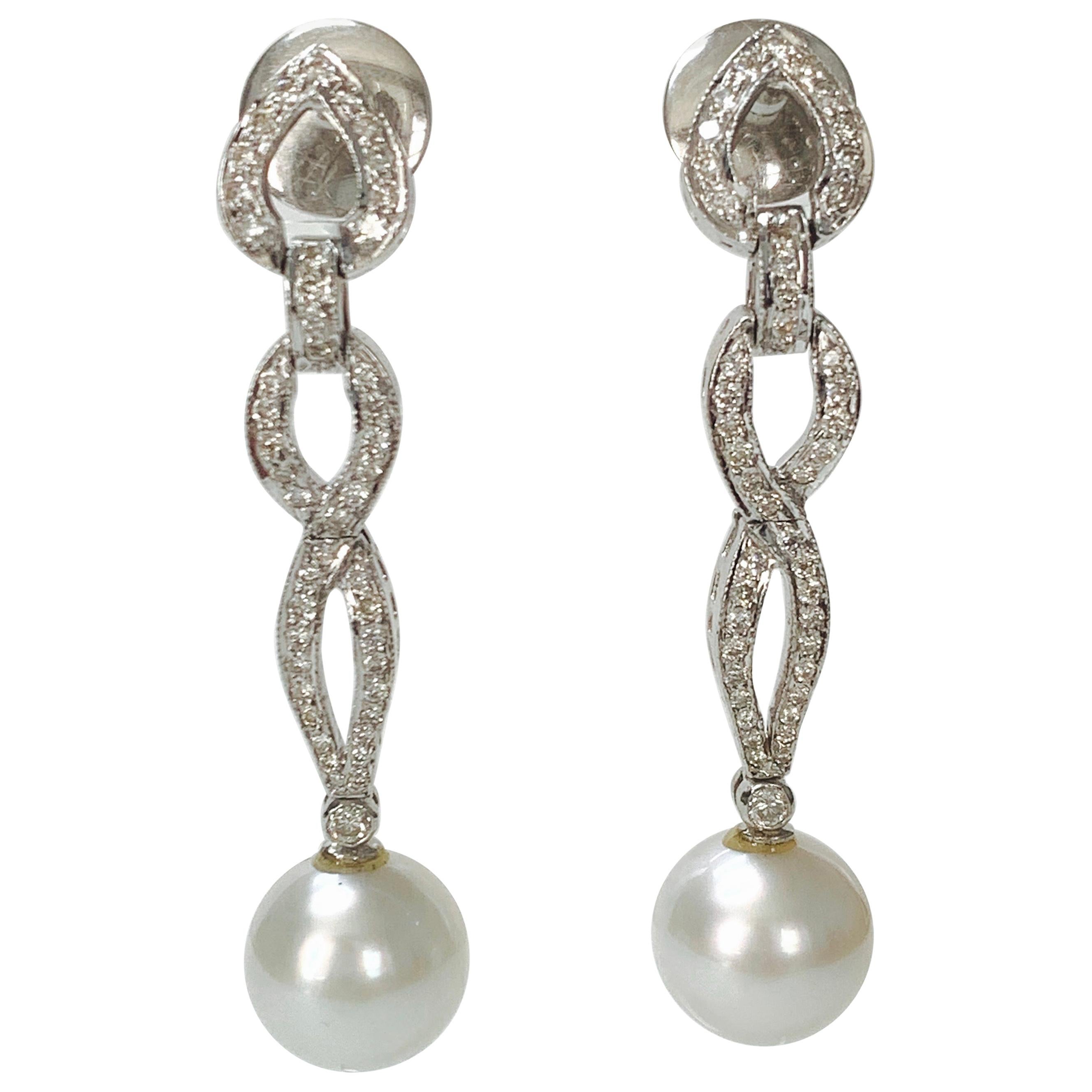 Diamond and South Sea Pearl Earrings in 18k White Gold For Sale
