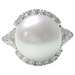 Diamond and South Sea Pearl Engagement Ring in Platinum