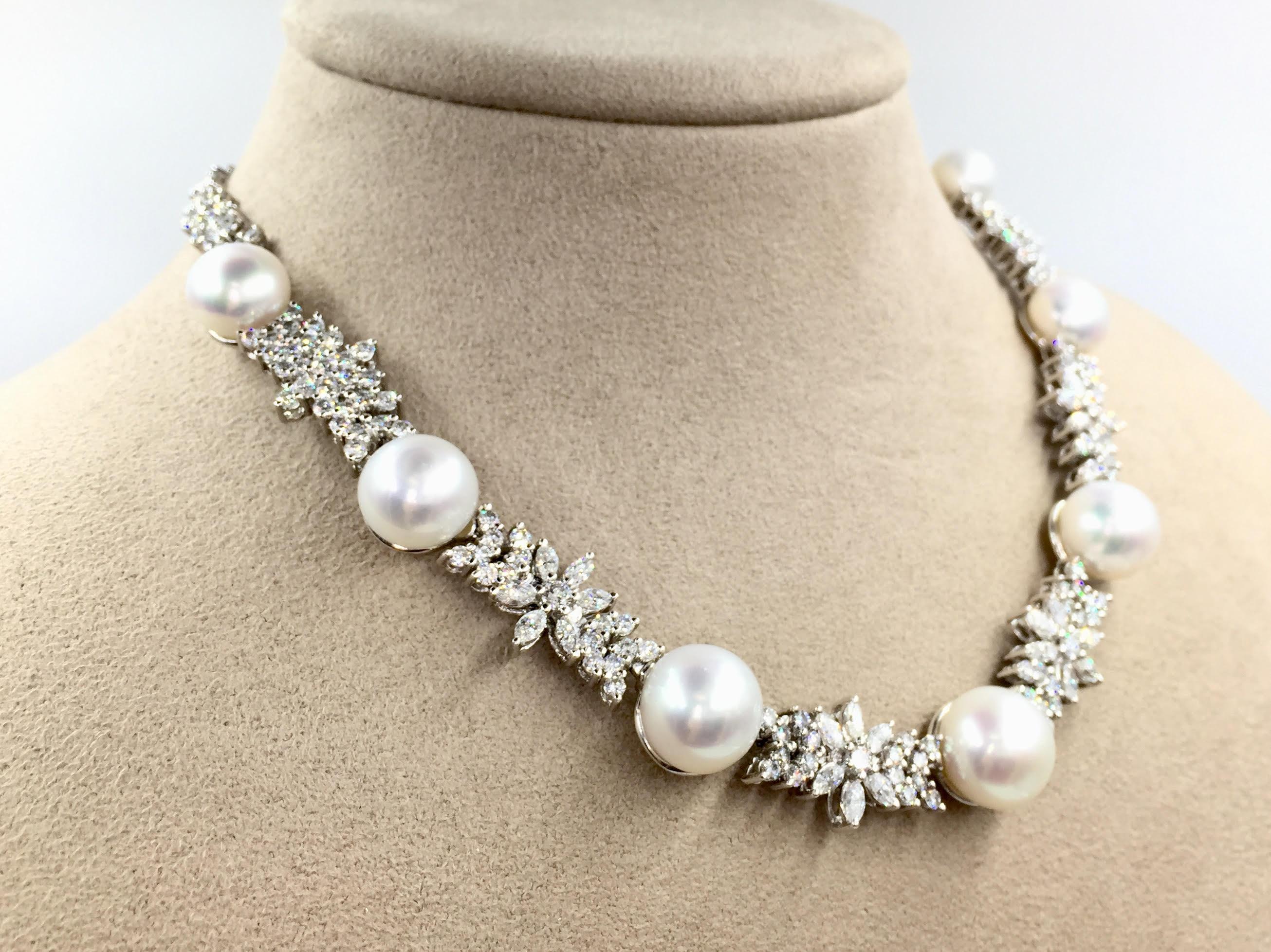 High Victorian Diamond and South Sea Pearl Platinum Necklace 16.76 Carat Total Weight